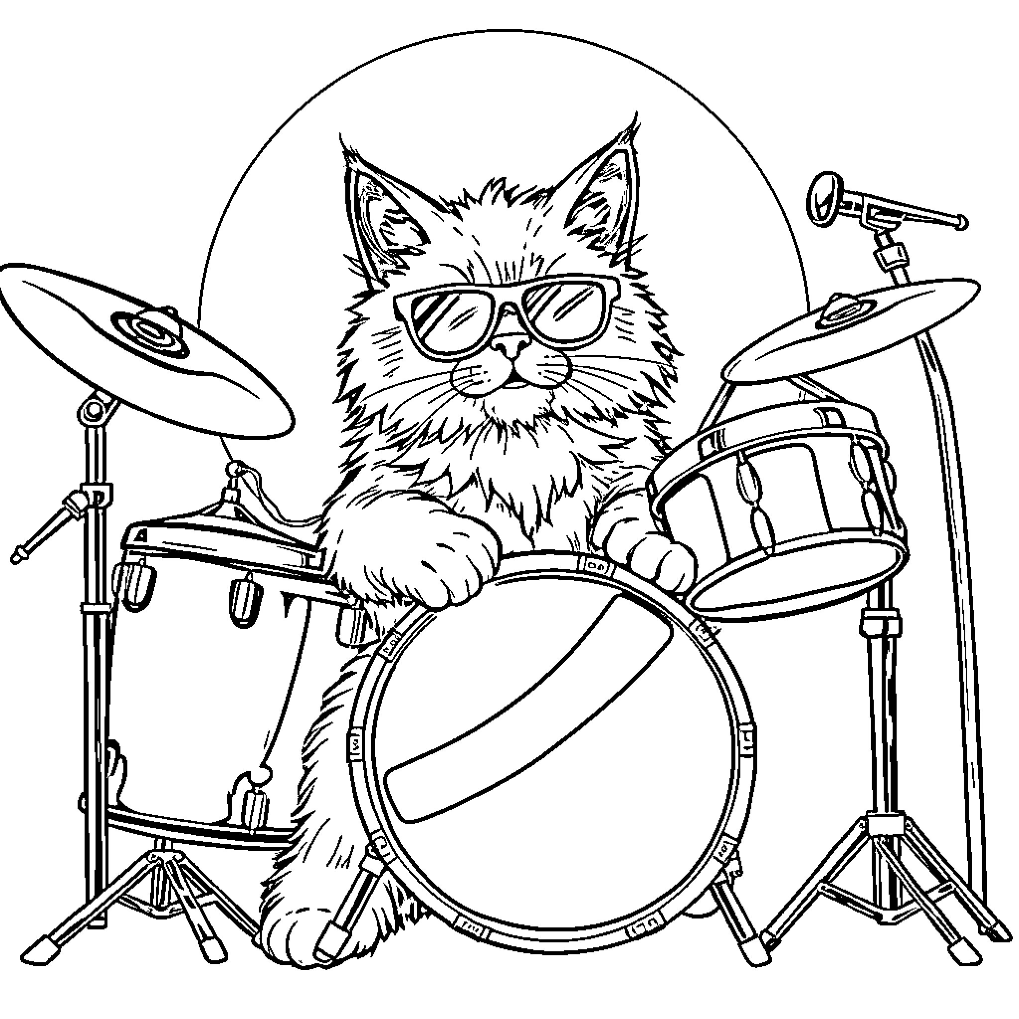 Drum Set Featuring Playful Feline Drummer Coloring Page (free black-and-white line drawing printable PDF for all, from beginners to advanced learners, including children, teens, adults, and seniors)