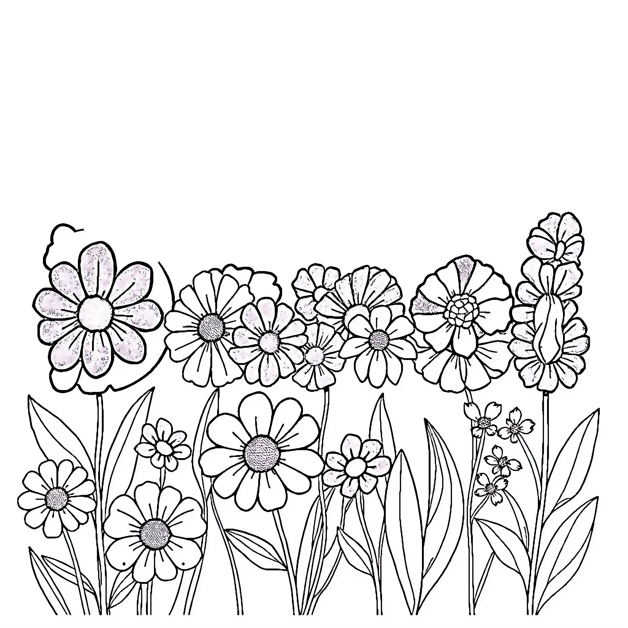 Flower garden with detailed blooms Coloring Page (free black-and-white line drawing printable PDF for all, from beginners to advanced learners, including children, teens, adults, and seniors)