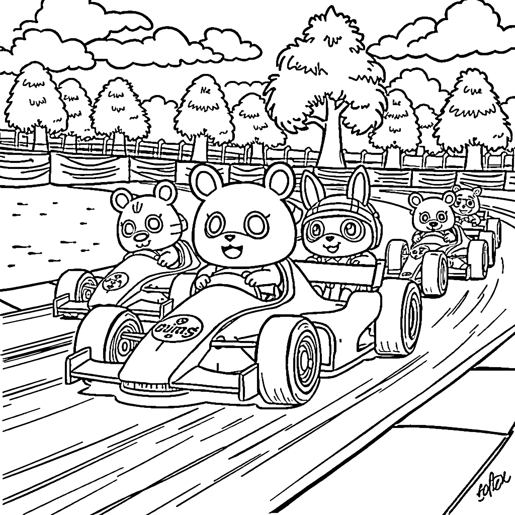 Animal Crossing Characters Racing in Karts Coloring Page (free black-and-white line drawing printable PDF for all, from beginners to advanced learners, including children, teens, adults, and seniors)