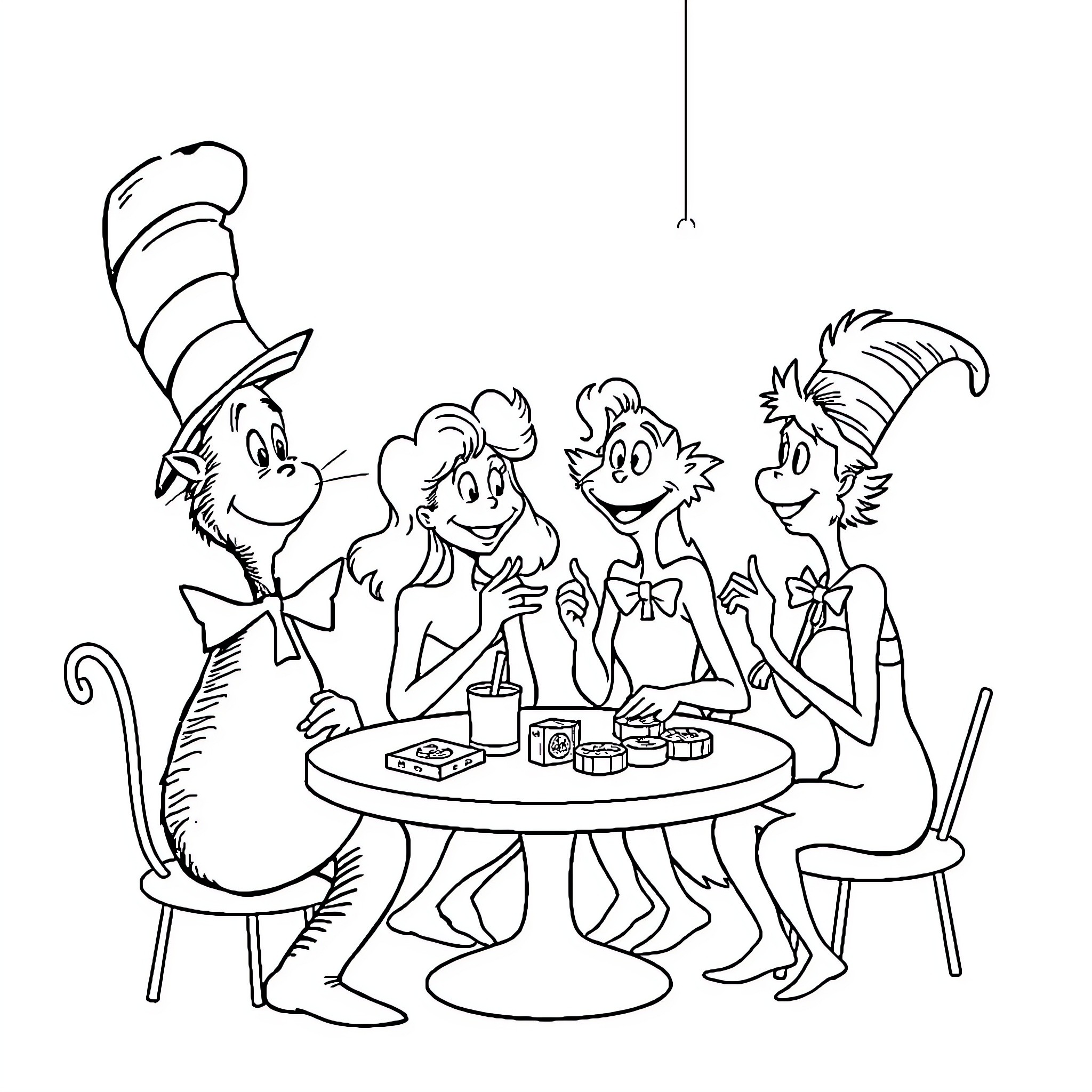 Dr. Seuss characters enjoying a whimsical gathering Coloring Page (free black-and-white line drawing printable PDF for all, from beginners to advanced learners, including children, teens, adults, and seniors)