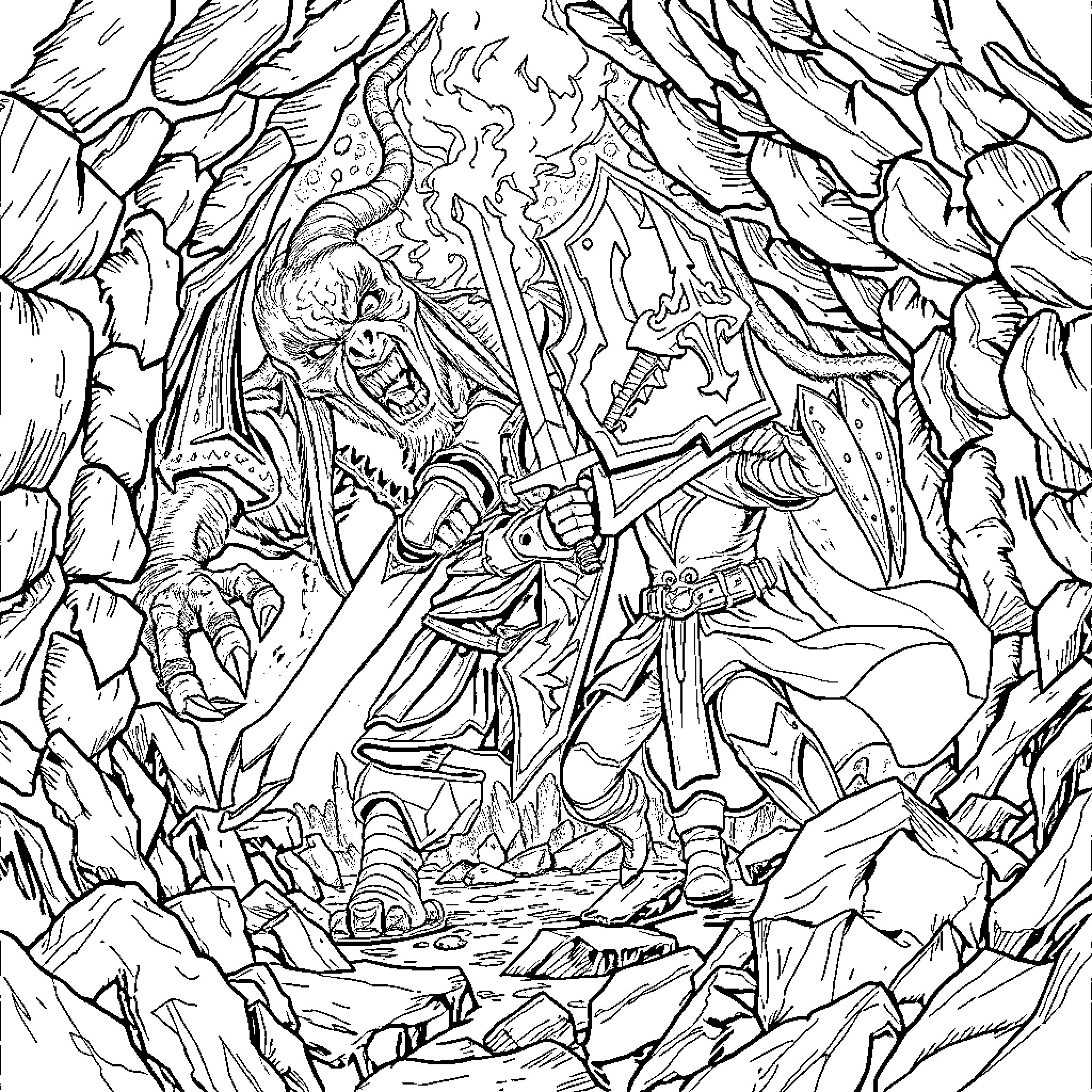 Knight in Armored Battle Against Mythical Creature Coloring Page (free black-and-white line drawing printable PDF for all, from beginners to advanced learners, including children, teens, adults, and seniors)
