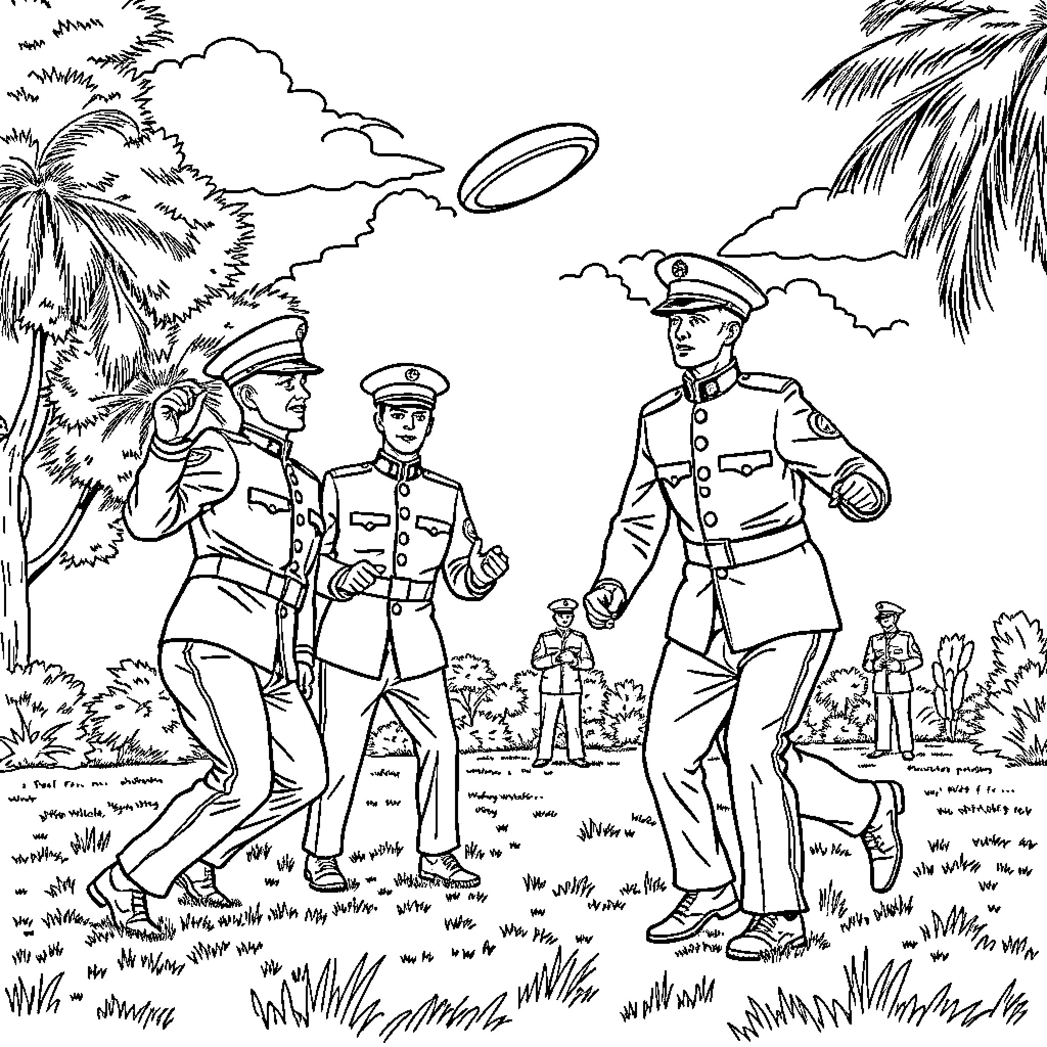 Marine Soldiers in Tropical Landscape Coloring Page (free black-and-white line drawing printable PDF for all, from beginners to advanced learners, including children, teens, adults, and seniors)