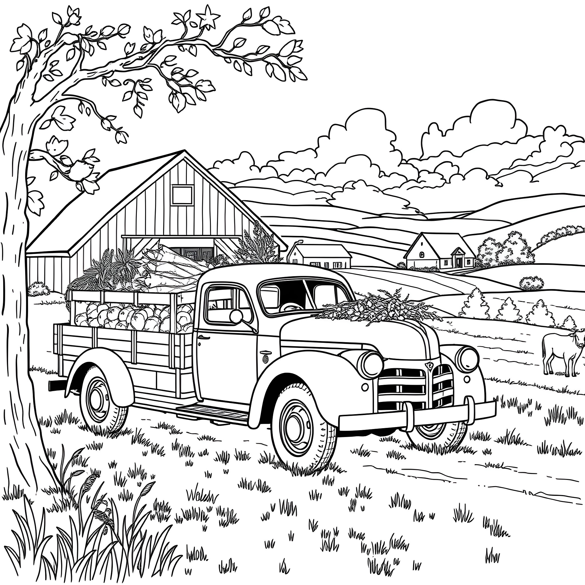 Truck Transporting Goods Through Countryside Landscape Coloring Page (free black-and-white line drawing printable PDF for all, from beginners to advanced learners, including children, teens, adults, and seniors)