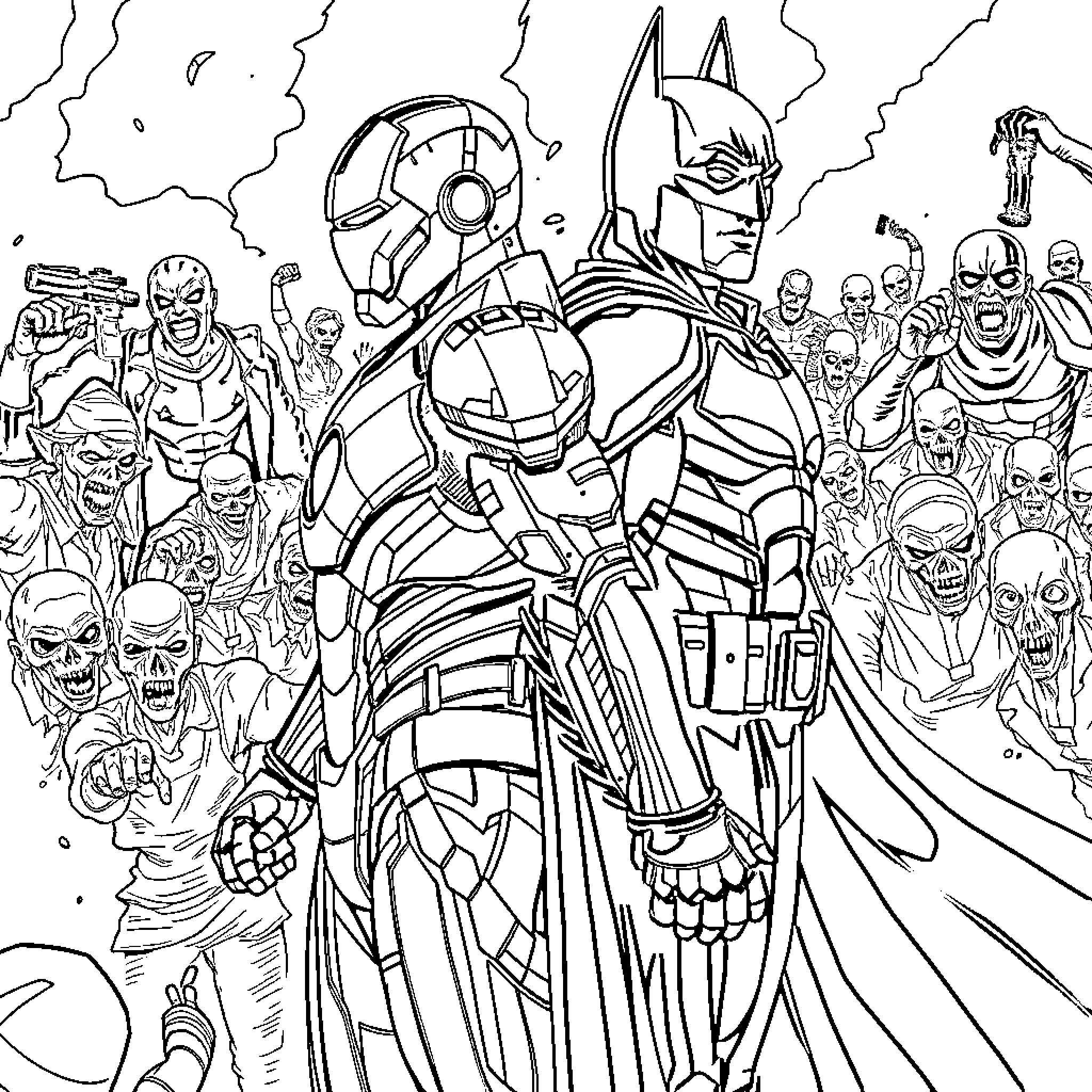 Ironman and Batman confront an army of villains Coloring Page (free black-and-white line drawing printable PDF for all, from beginners to advanced learners, including children, teens, adults, and seniors)