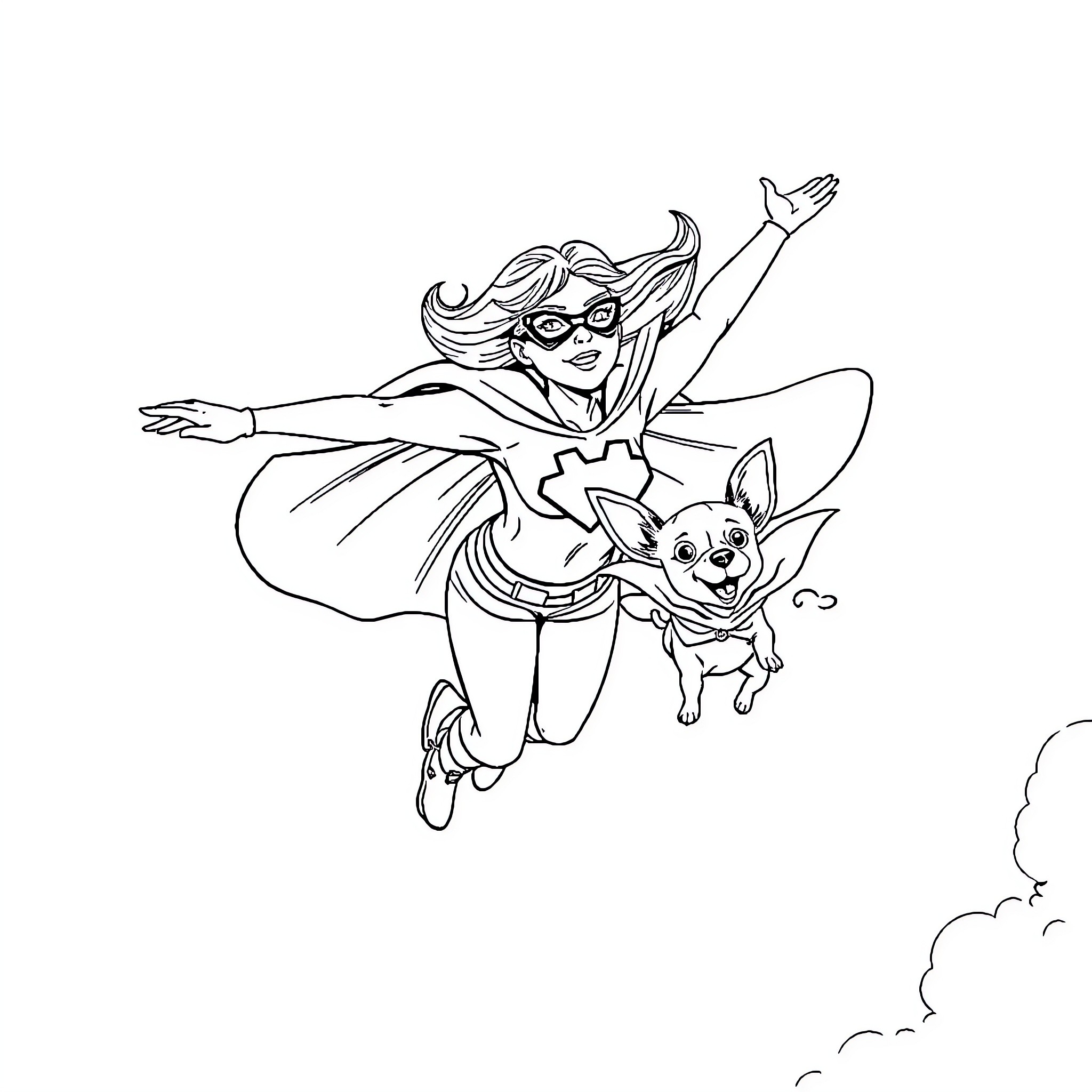 Superhero Girl Soaring with Playful Sidekick Coloring Page (free black-and-white line drawing printable PDF for all, from beginners to advanced learners, including children, teens, adults, and seniors)