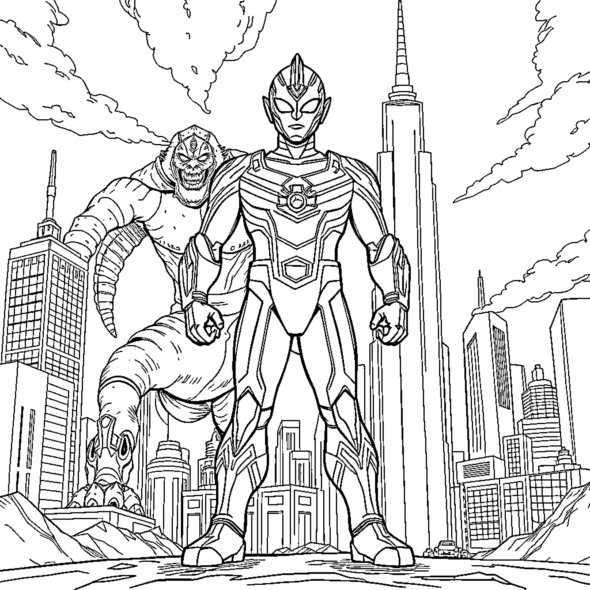Ultraman heroically confronting a villainous foe in the city Coloring Page (free black-and-white line drawing printable PDF for all, from beginners to advanced learners, including children, teens, adults, and seniors)