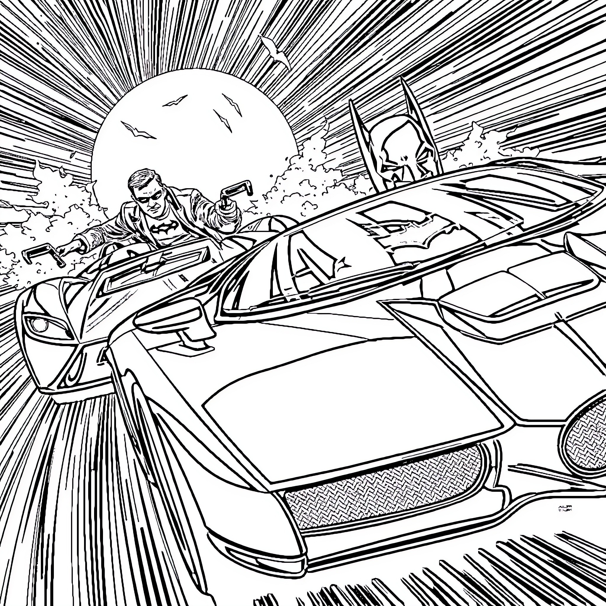 James Bond speeding in high-tech sports car Coloring Page (free black-and-white line drawing printable PDF for all, from beginners to advanced learners, including children, teens, adults, and seniors)