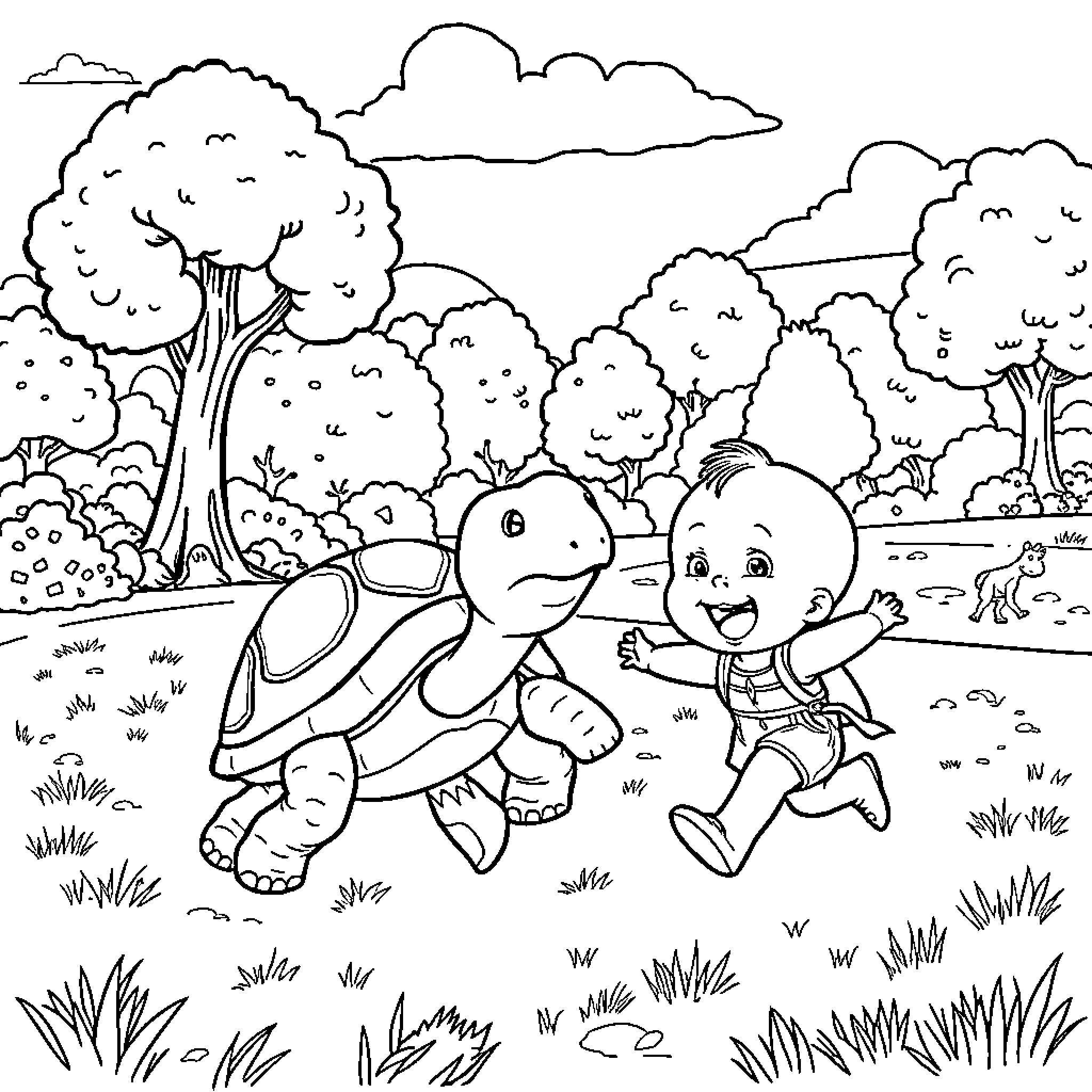 Turtle and child playing happily in the park Coloring Page (free black-and-white line drawing printable PDF for all, from beginners to advanced learners, including children, teens, adults, and seniors)