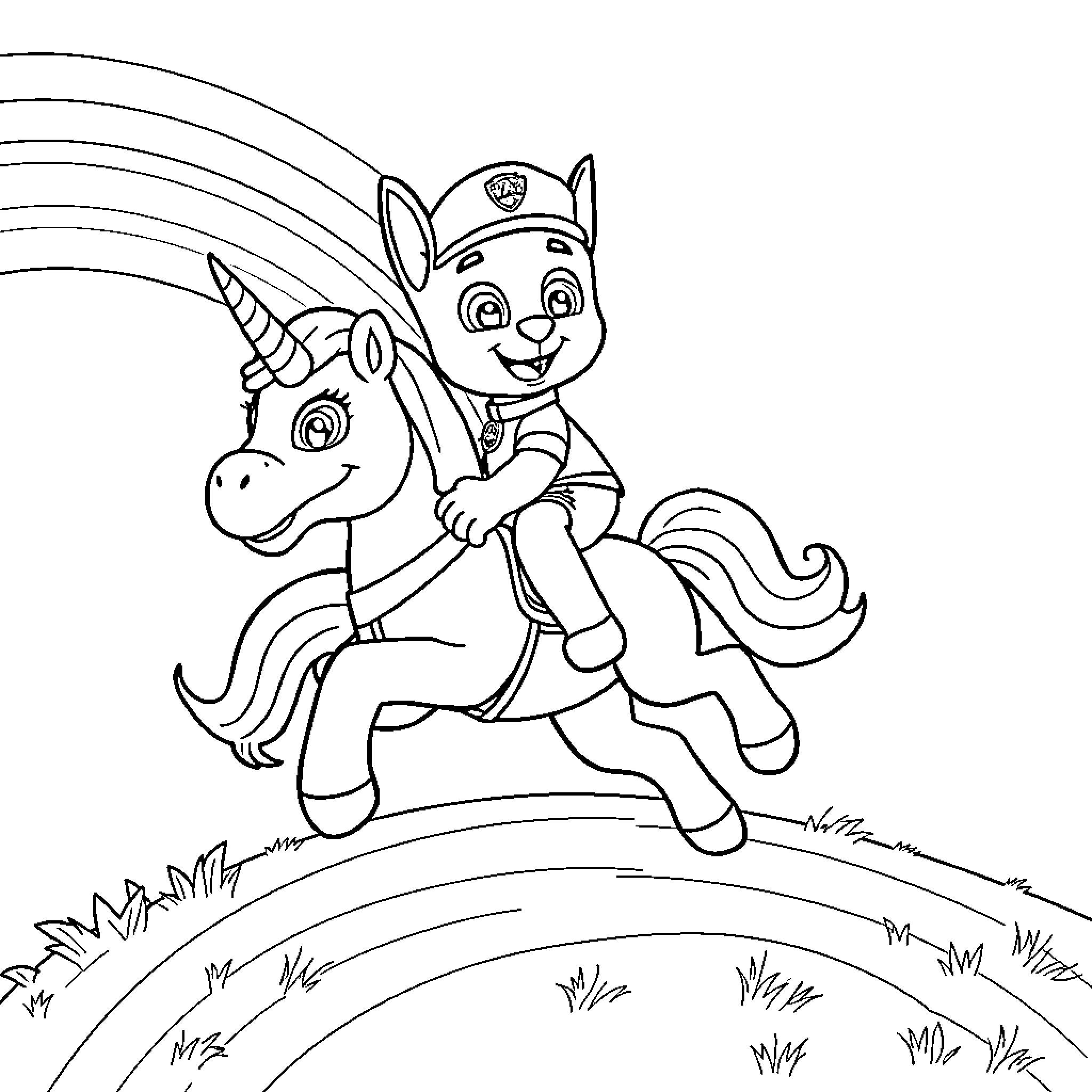 Chase through the magical rainbow unicorn meadow Coloring Page (free black-and-white line drawing printable PDF for all, from beginners to advanced learners, including children, teens, adults, and seniors)