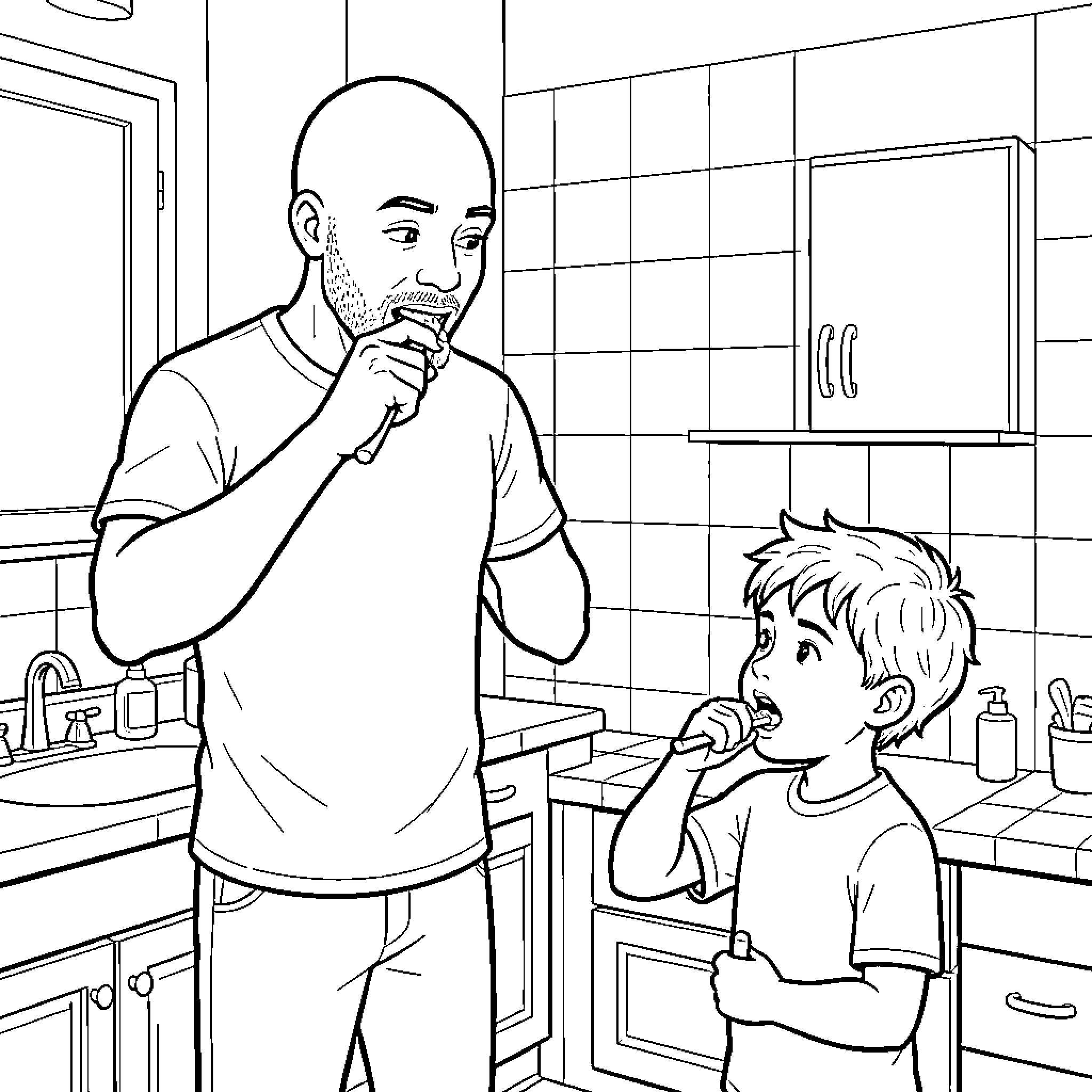 Man and boy brushing teeth together in the kitchen Coloring Page (free black-and-white line drawing printable PDF for all, from beginners to advanced learners, including children, teens, adults, and seniors)