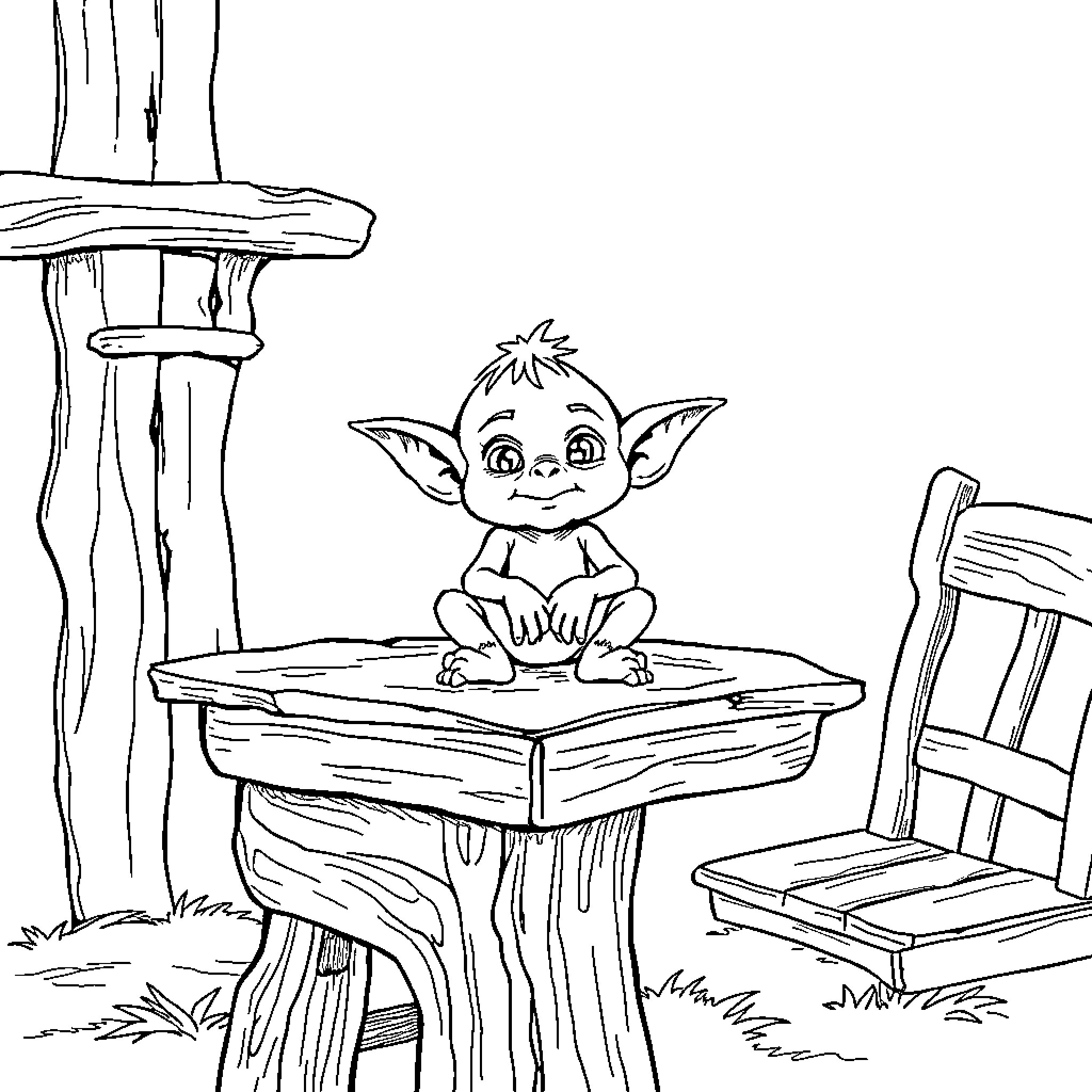 Goblin sitting on a wooden table in the forest Coloring Page (free black-and-white line drawing printable PDF for all, from beginners to advanced learners, including children, teens, adults, and seniors)