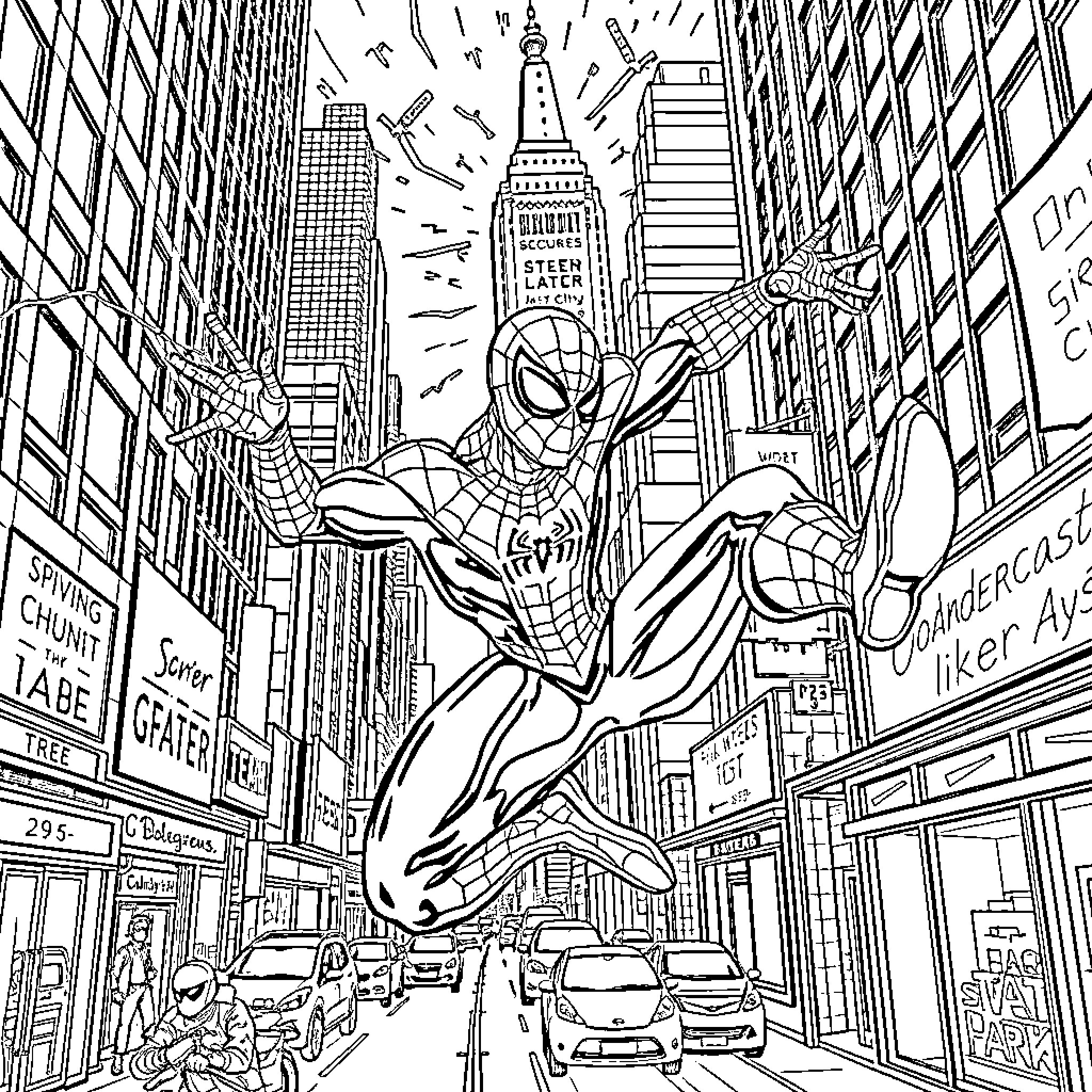 Spiderman swinging through the bustling city streets Coloring Page (free black-and-white line drawing printable PDF for all, from beginners to advanced learners, including children, teens, adults, and seniors)