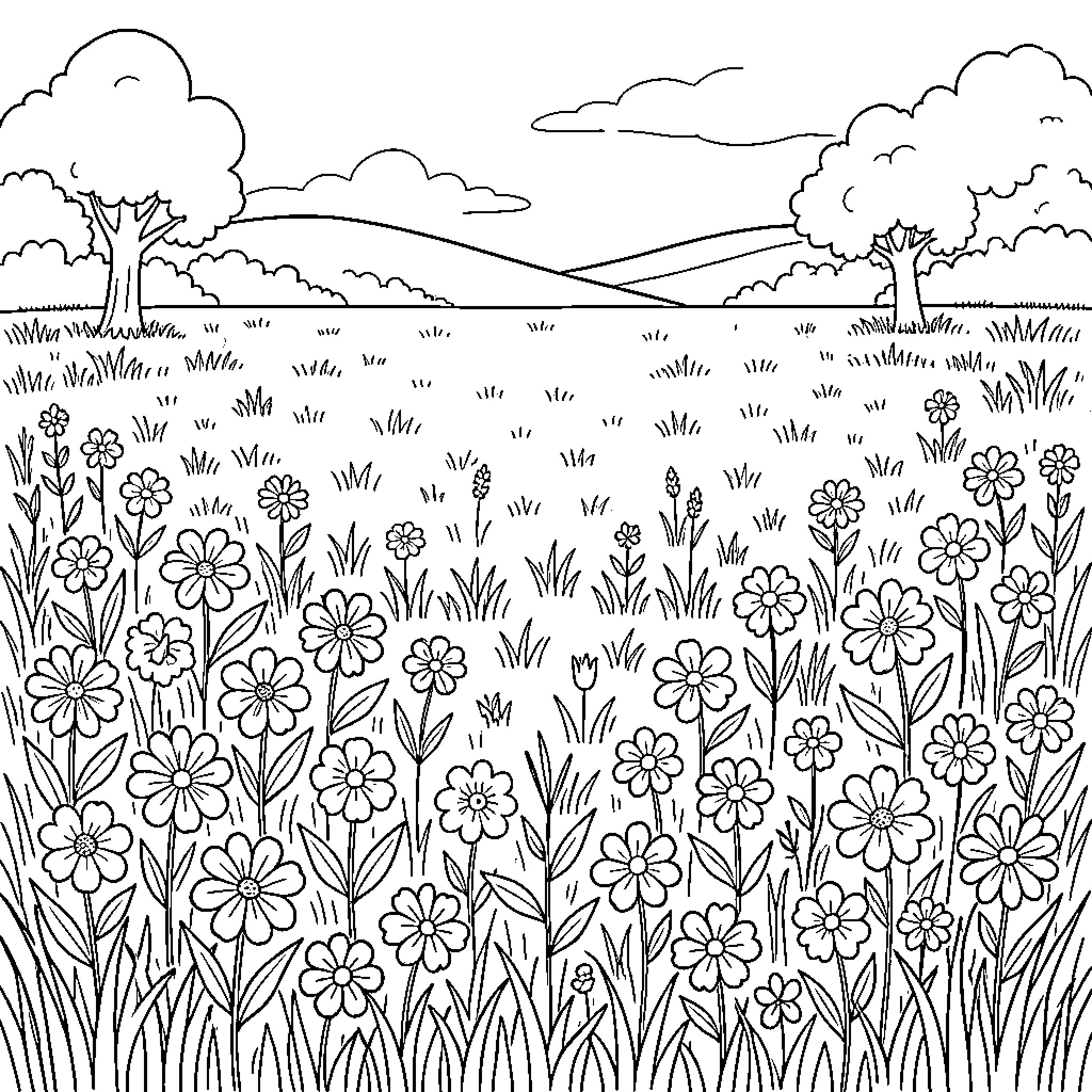 Flower Filled Meadow with Cloudy Skies Coloring Page (free black-and-white line drawing printable PDF for all, from beginners to advanced learners, including children, teens, adults, and seniors)