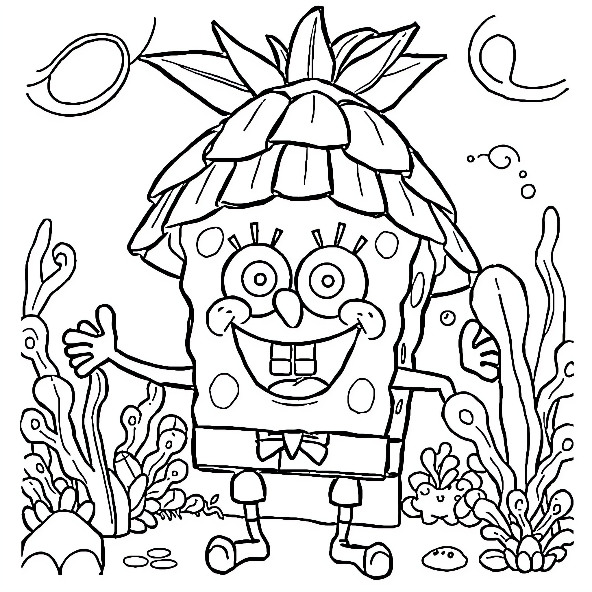 Spongebob in an underwater fantasy scene Coloring Page (free black-and-white line drawing printable PDF for all, from beginners to advanced learners, including children, teens, adults, and seniors)