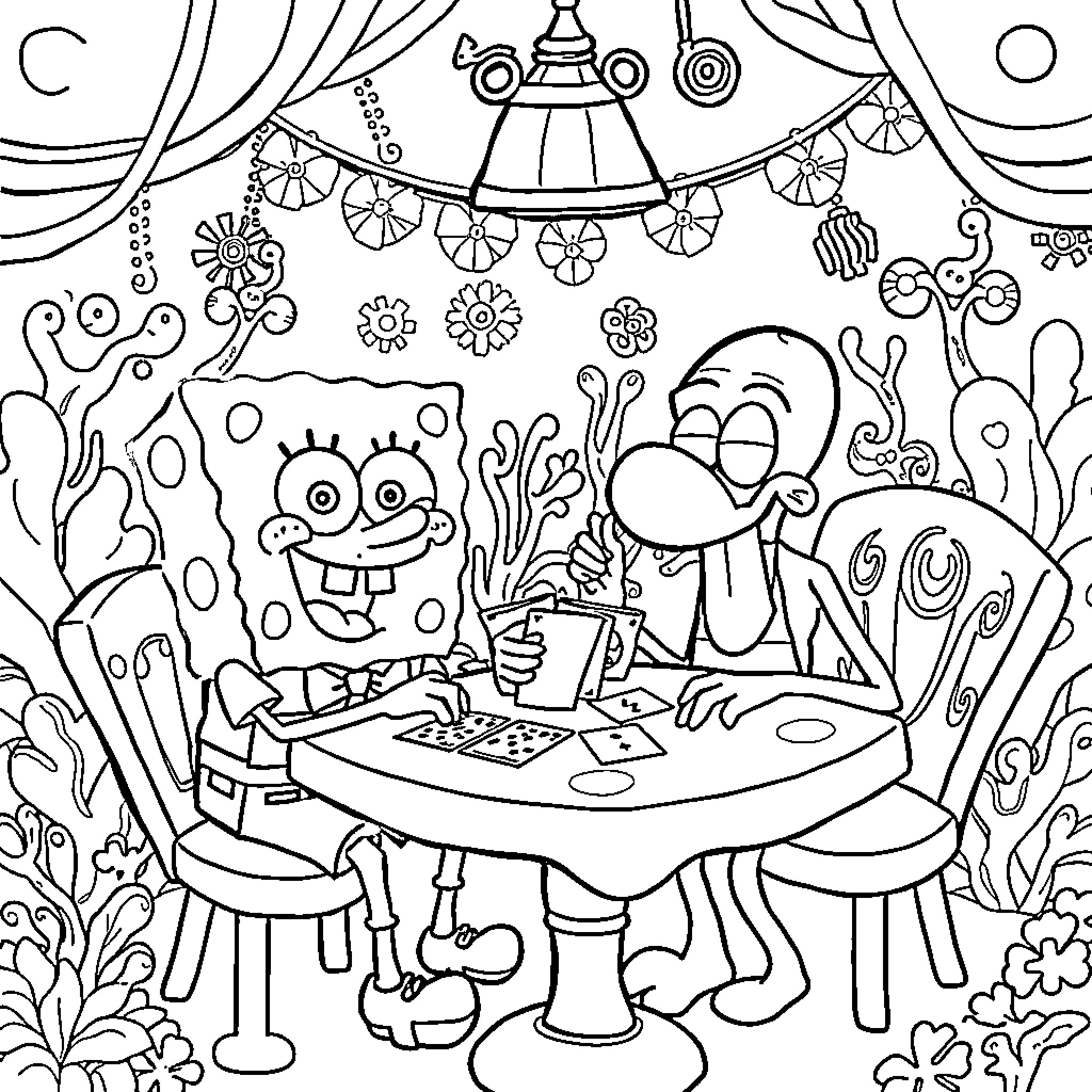 Sponge Bob and his friends enjoying a whimsical gathering Coloring Page (free black-and-white line drawing printable PDF for all, from beginners to advanced learners, including children, teens, adults, and seniors)