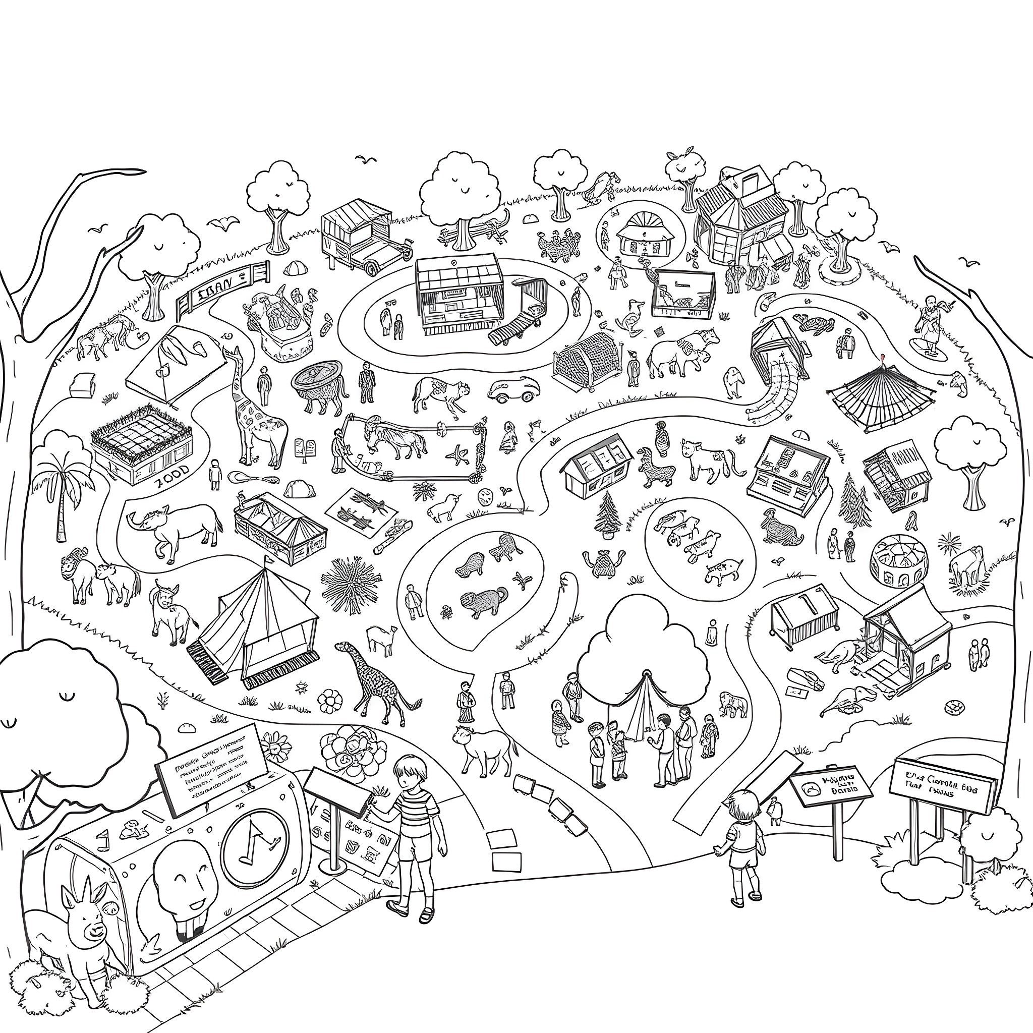 Zoo with diverse animals and activities Coloring Page (free black-and-white line drawing printable PDF for all, from beginners to advanced learners, including children, teens, adults, and seniors)