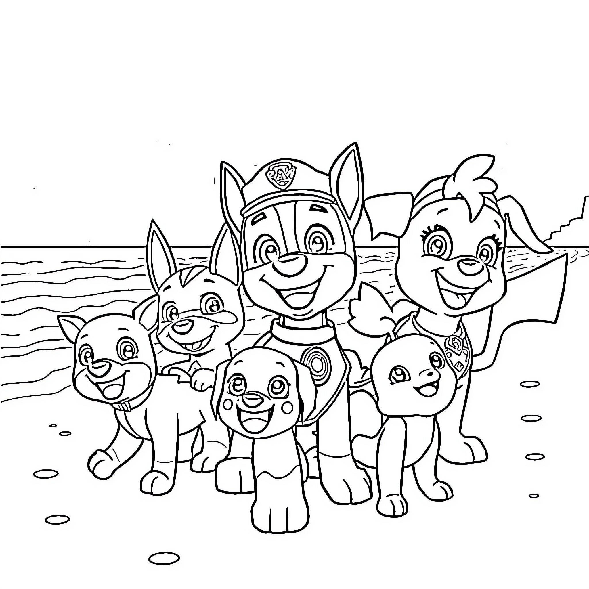 Paw Patrol Team Exploring the Beach Coloring Page (free black-and-white line drawing printable PDF for all, from beginners to advanced learners, including children, teens, adults, and seniors)