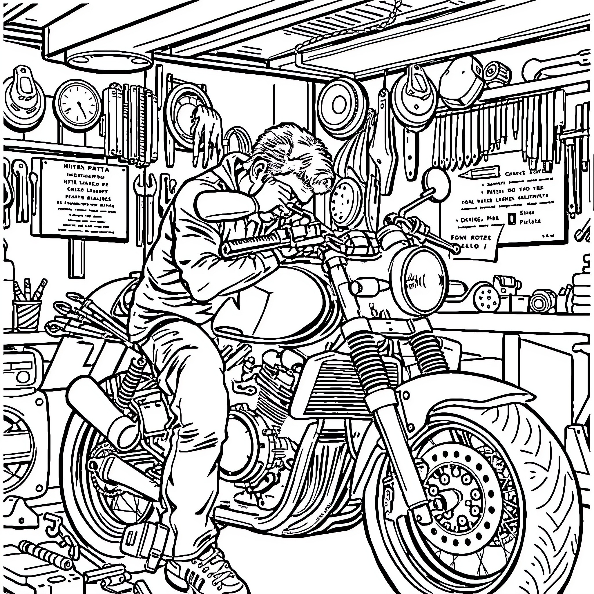 Moto Mechanic at Work in Workshop Coloring Page (free black-and-white line drawing printable PDF for all, from beginners to advanced learners, including children, teens, adults, and seniors)