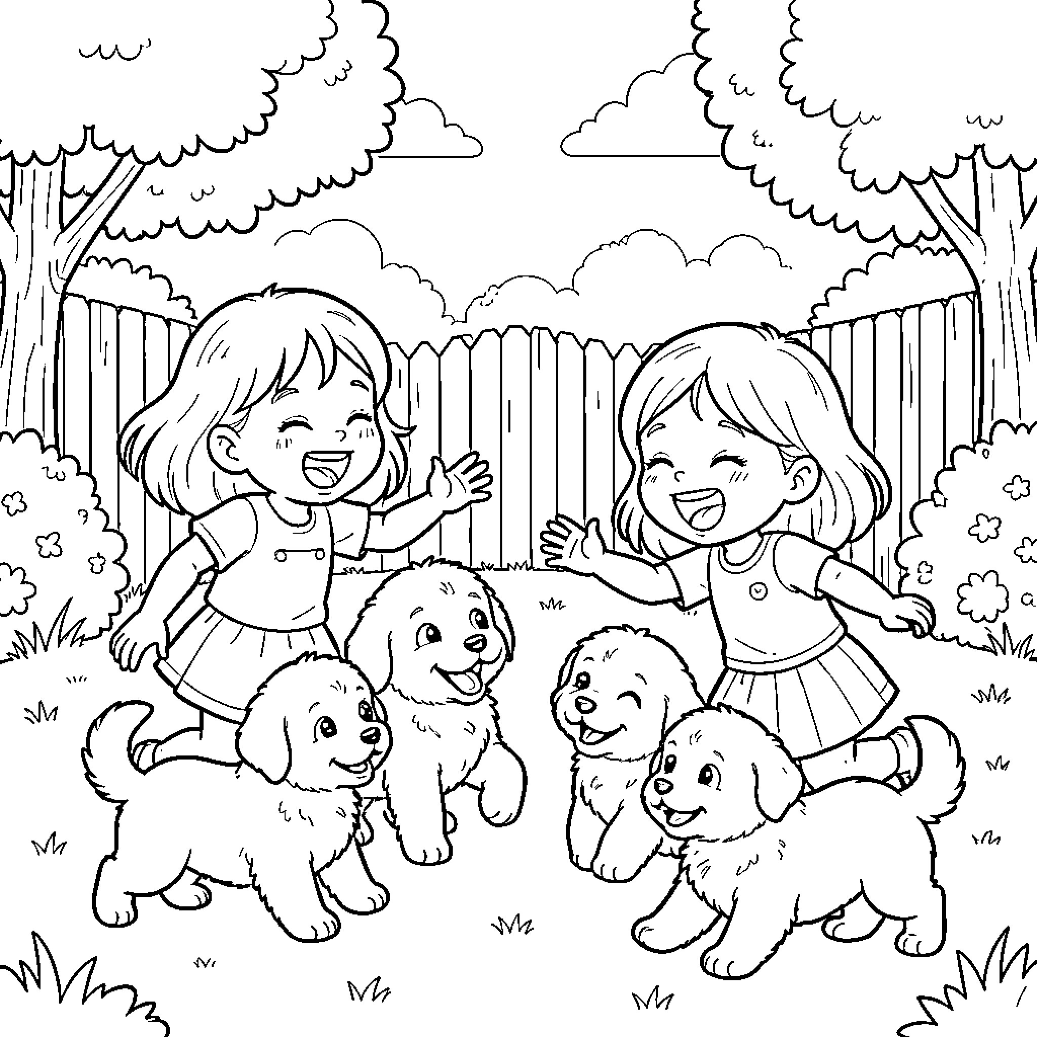Girl Playing with Puppies in the Backyard Coloring Page (free black-and-white line drawing printable PDF for all, from beginners to advanced learners, including children, teens, adults, and seniors)