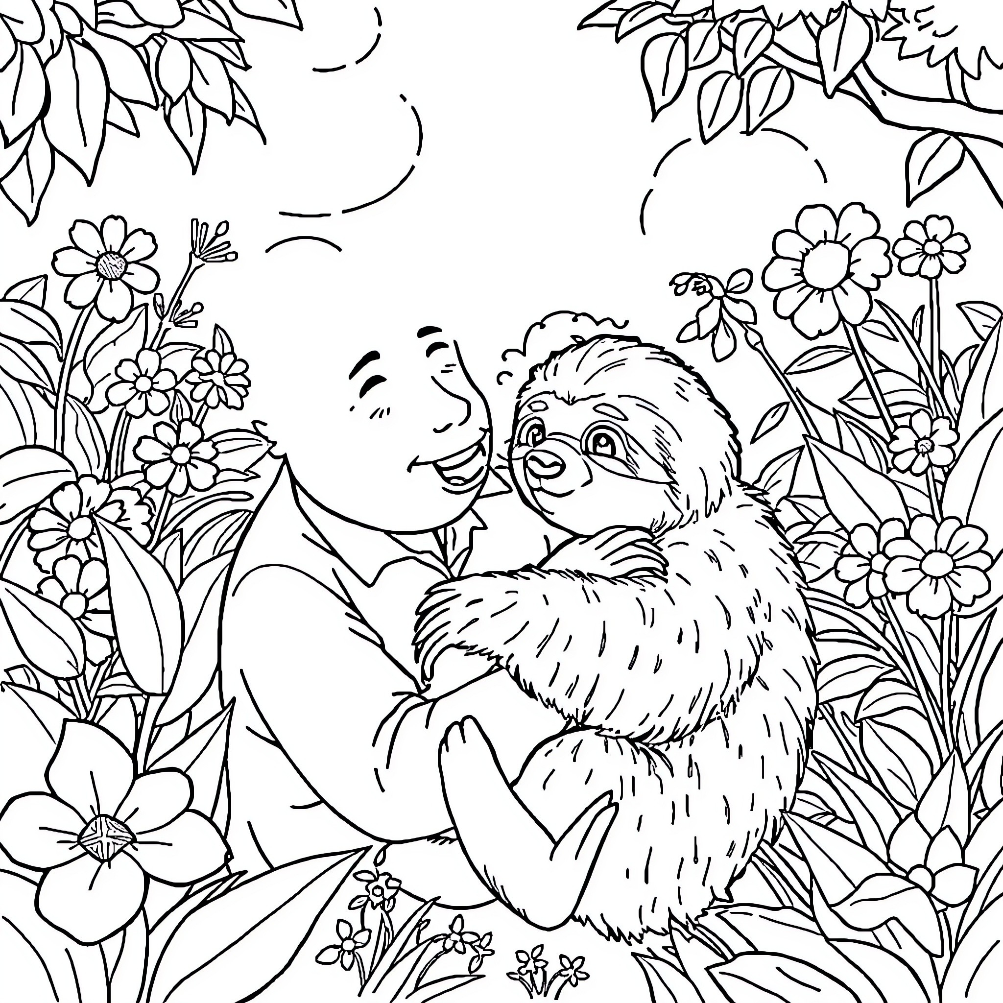 Lee Hsien Loong warmly embracing a friendly sloth in a floral garden Coloring Page (free black-and-white line drawing printable PDF for all, from beginners to advanced learners, including children, teens, adults, and seniors)