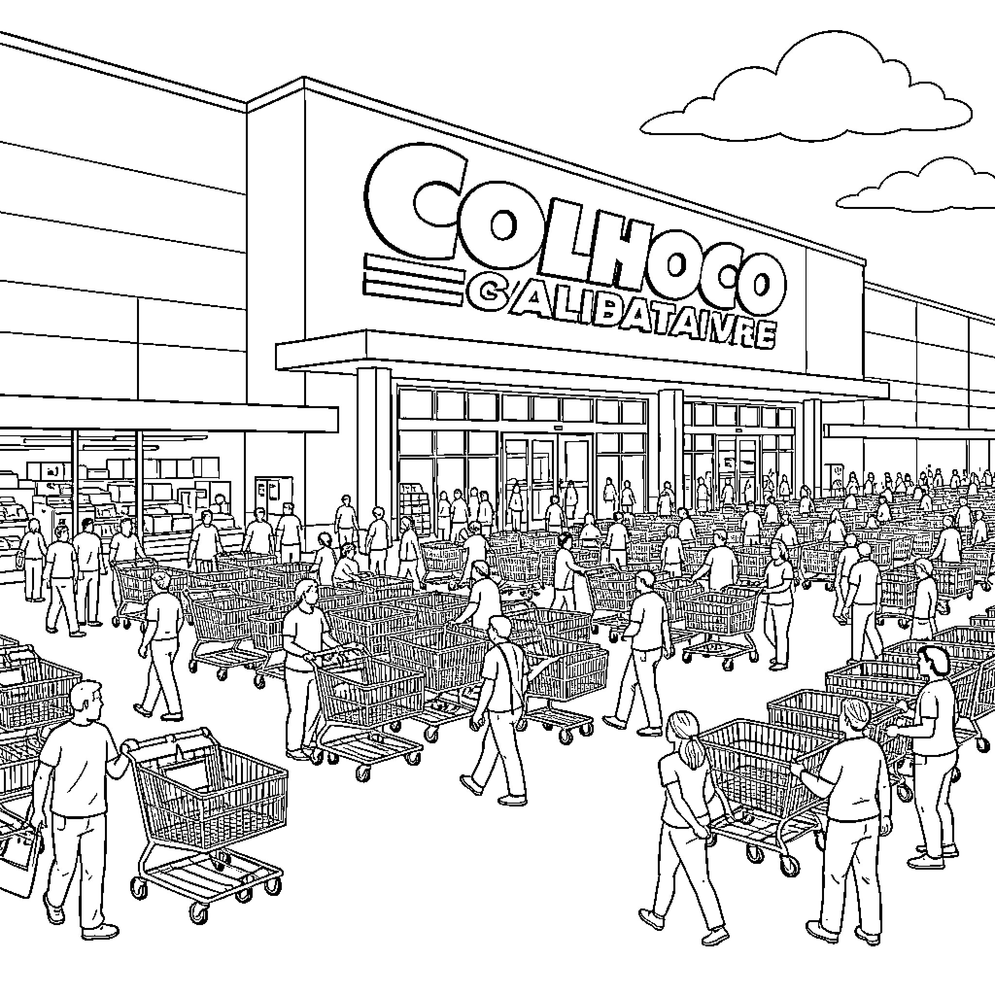Costco Crowd Bustling with Shoppers Coloring Page (free black-and-white line drawing printable PDF for all, from beginners to advanced learners, including children, teens, adults, and seniors)