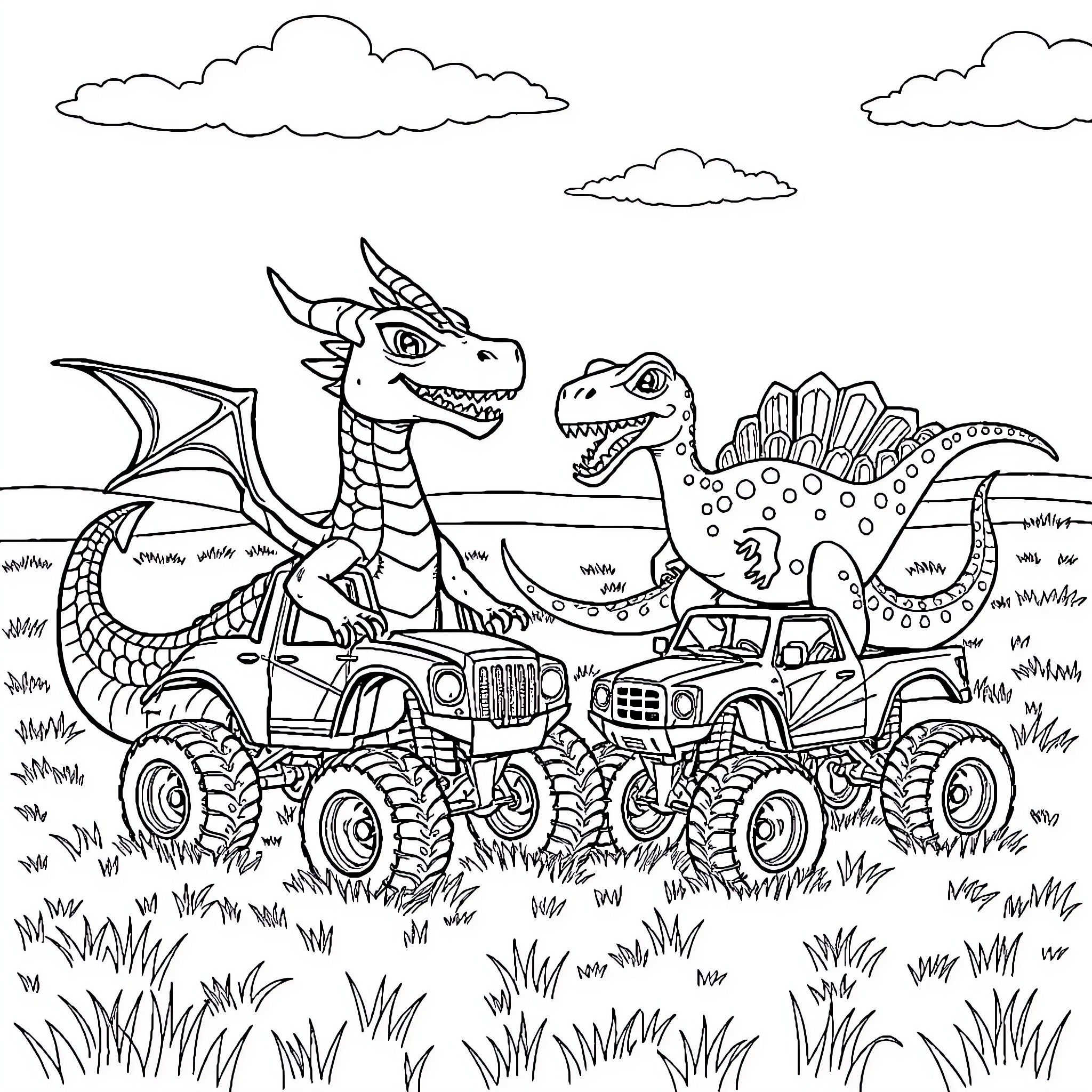Dragon friends take a joyride in monster trucks Coloring Page (free black-and-white line drawing printable PDF for all, from beginners to advanced learners, including children, teens, adults, and seniors)