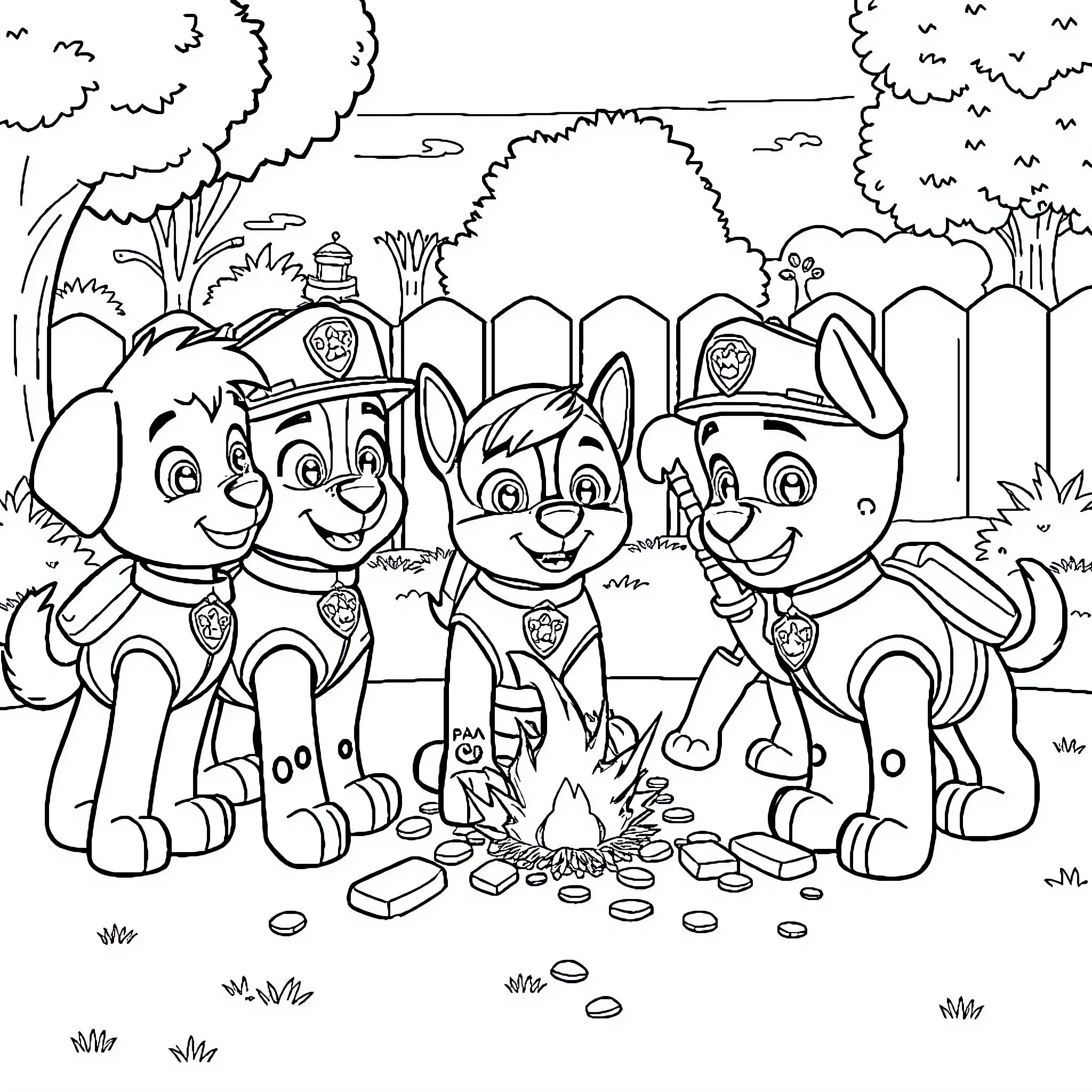Paw Patrol Pups Explore the Backyard Coloring Page (free black-and-white line drawing printable PDF for all, from beginners to advanced learners, including children, teens, adults, and seniors)