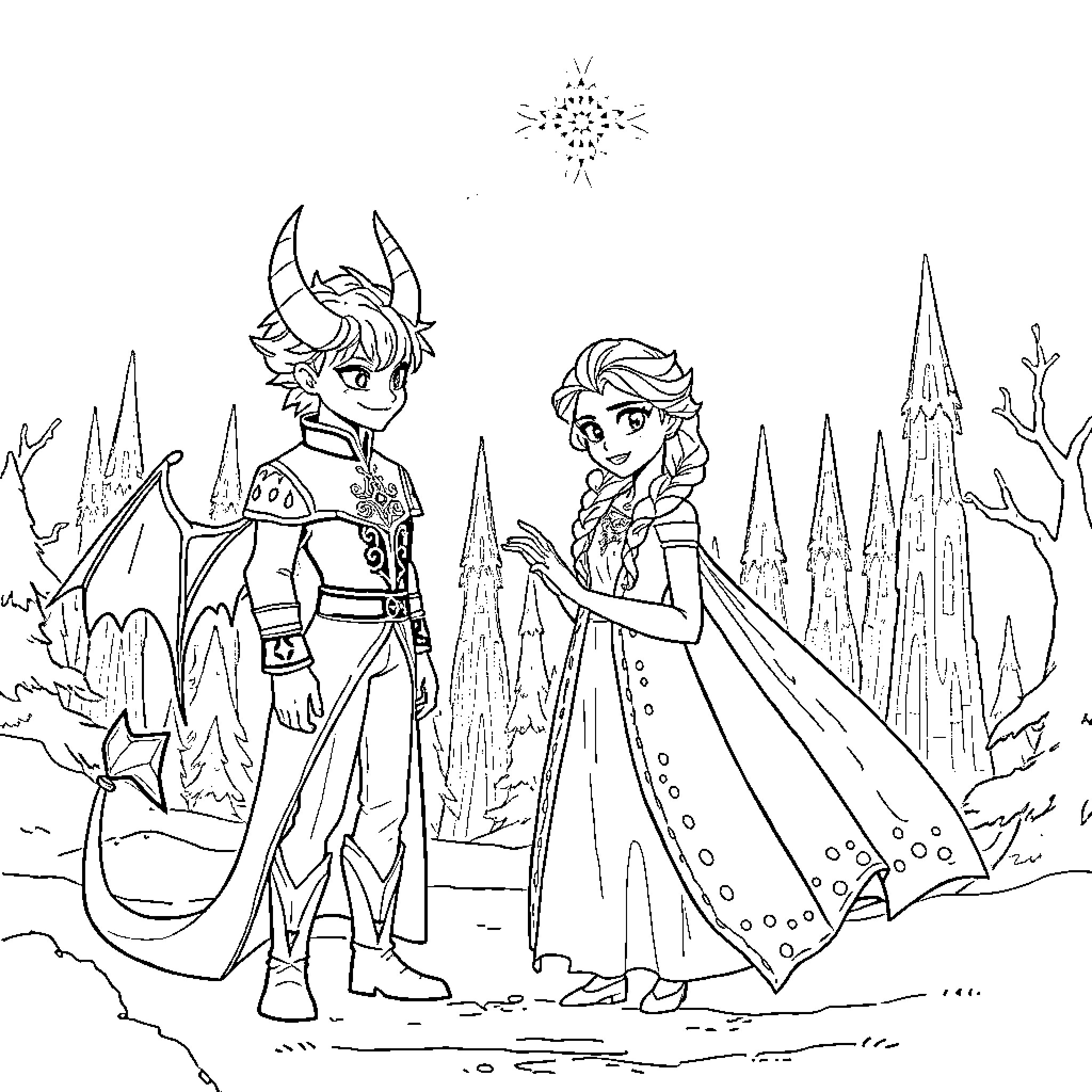 Kpop Fantasy Characters in Snowy Landscape Coloring Page (free black-and-white line drawing printable PDF for all, from beginners to advanced learners, including children, teens, adults, and seniors)