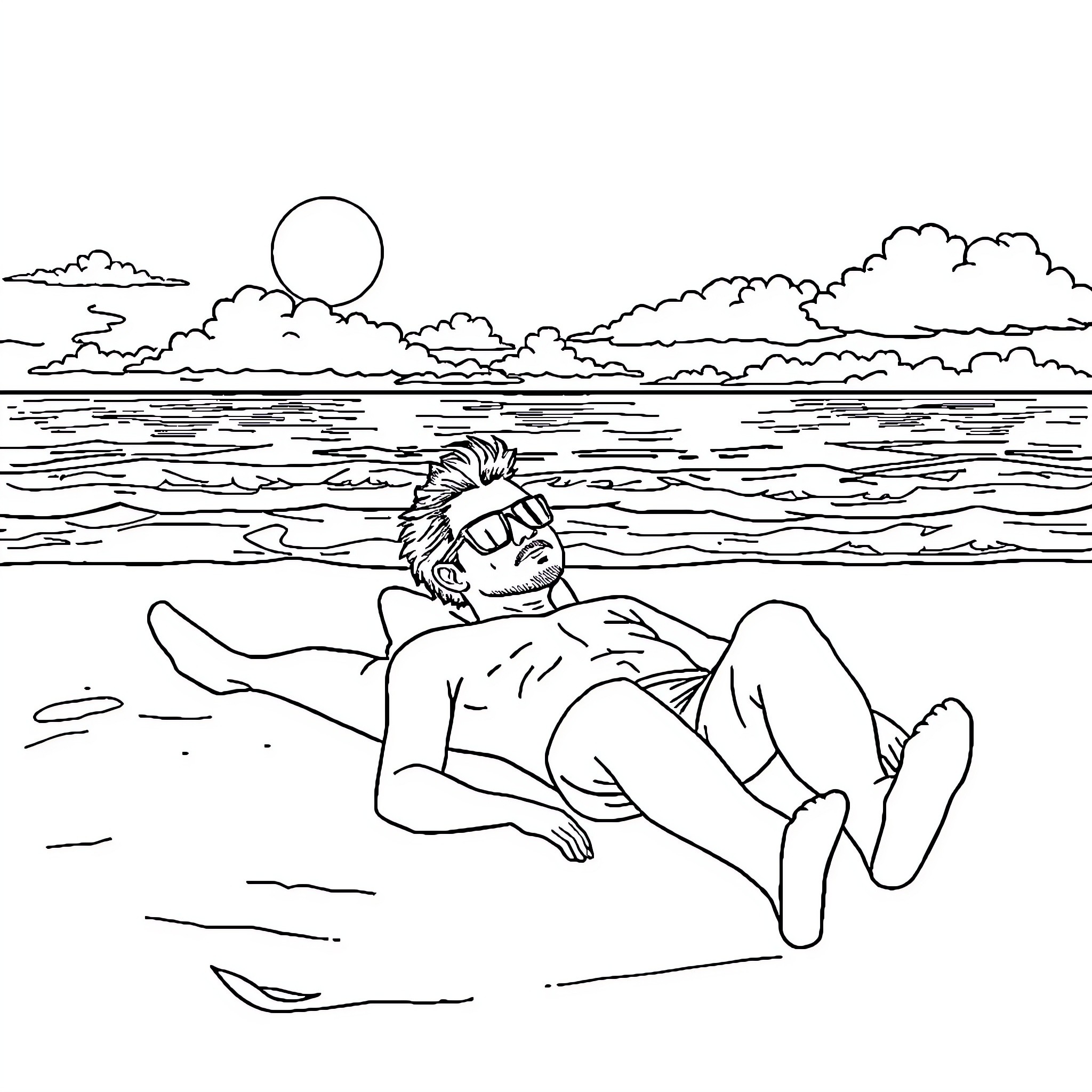 Matt Sturniolo relaxing on the beach during sunset Coloring Page (free black-and-white line drawing printable PDF for all, from beginners to advanced learners, including children, teens, adults, and seniors)