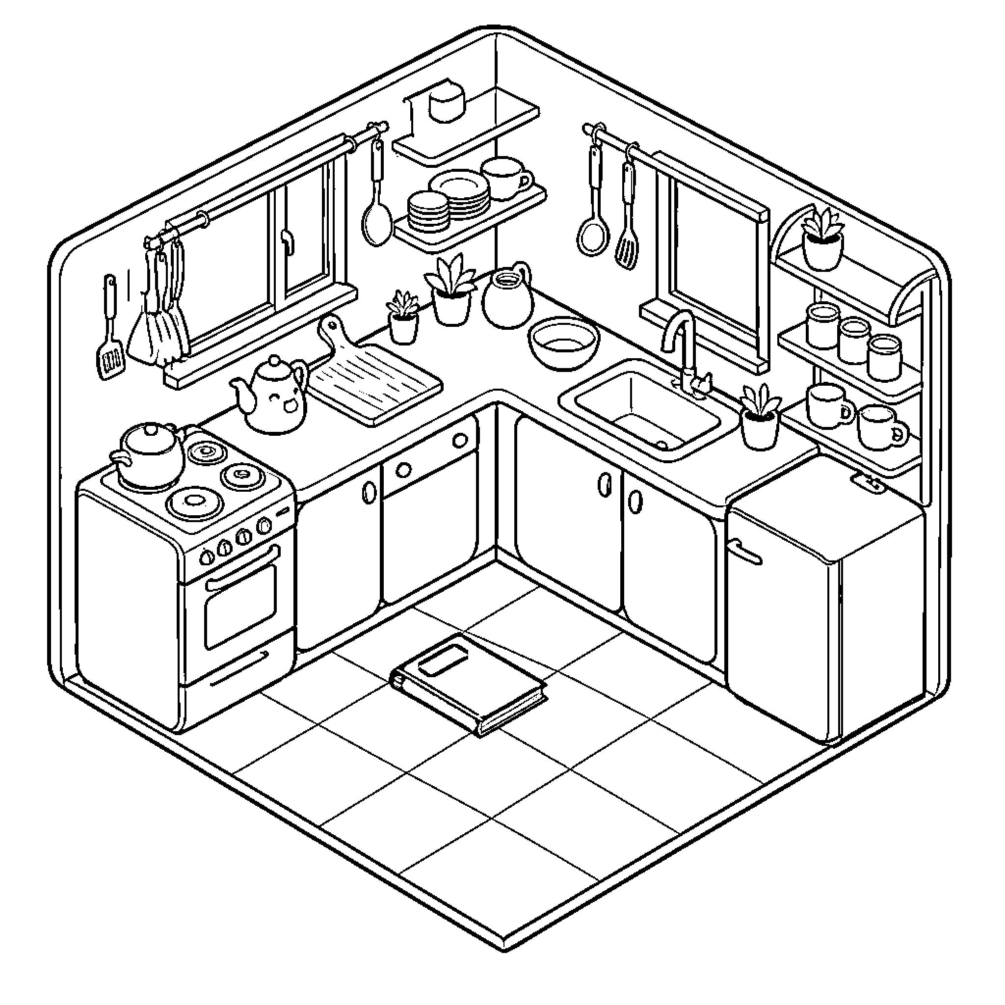Kitchen with Cooking Utensils and Appliances Coloring Page (free black-and-white line drawing printable PDF for all, from beginners to advanced learners, including children, teens, adults, and seniors)