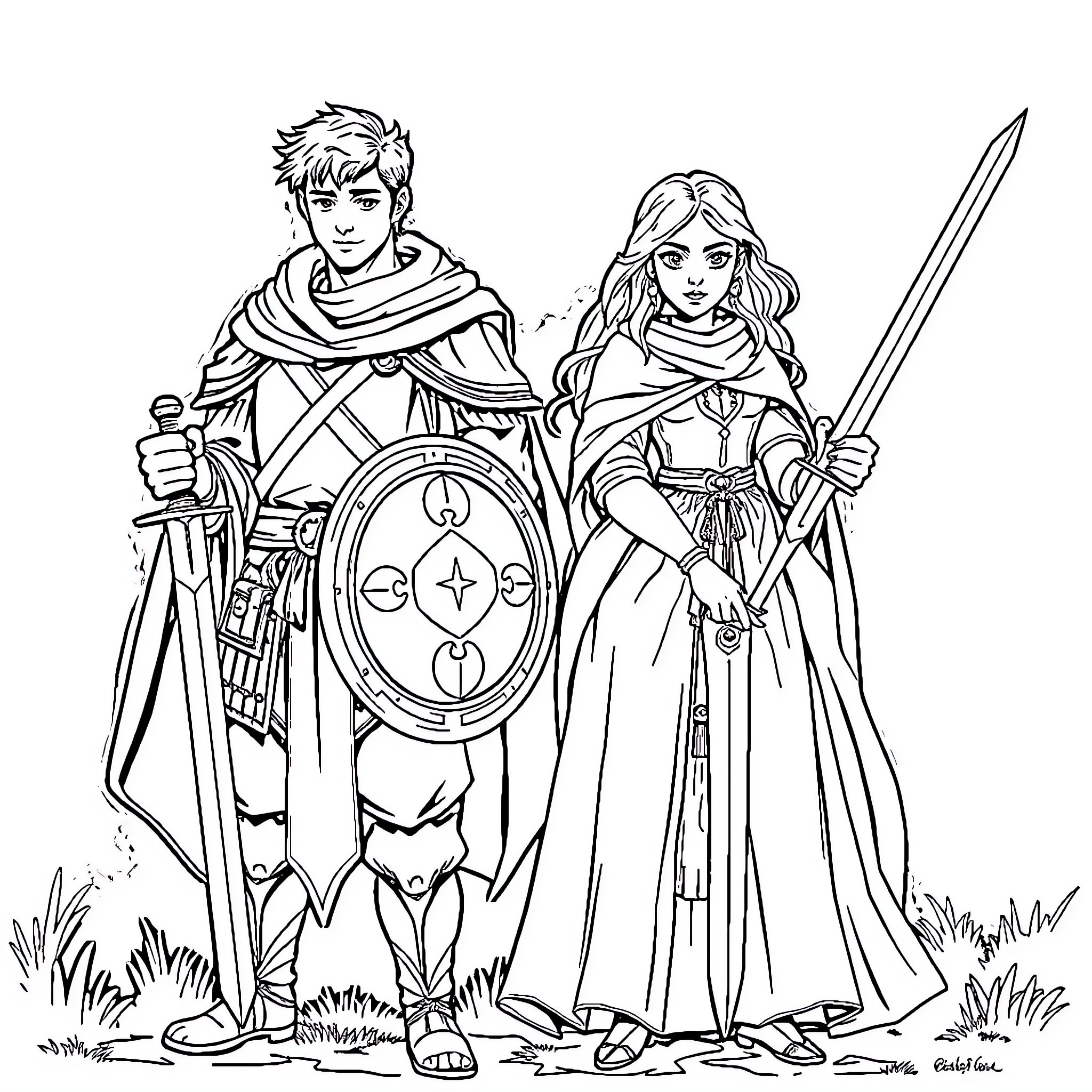 Knight and Lady in Heroic Stance Coloring Page (free black-and-white line drawing printable PDF for all, from beginners to advanced learners, including children, teens, adults, and seniors)