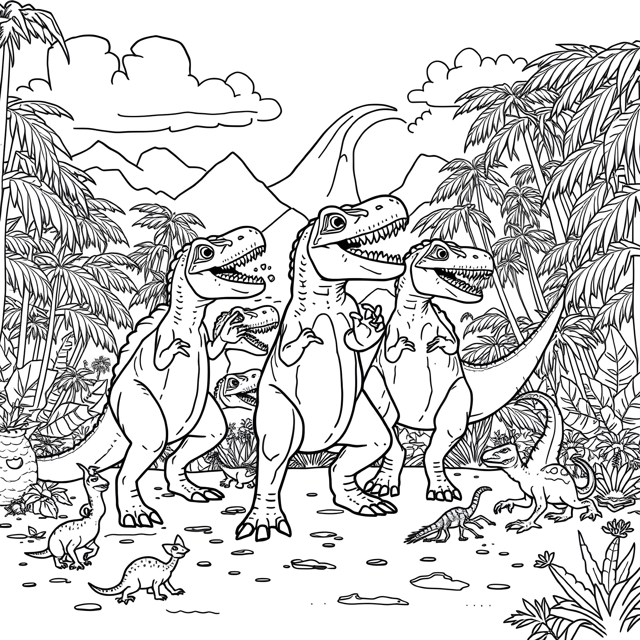Dinosaurs roaming in prehistoric jungle landscape Coloring Page (free black-and-white line drawing printable PDF for all, from beginners to advanced learners, including children, teens, adults, and seniors)