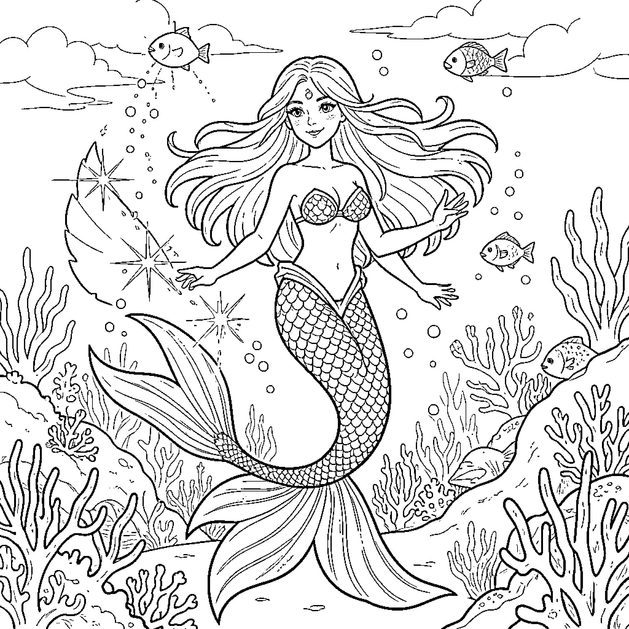 Ariel swimming joyfully among fish and coral reefs Coloring Page (free black-and-white line drawing printable PDF for all, from beginners to advanced learners, including children, teens, adults, and seniors)