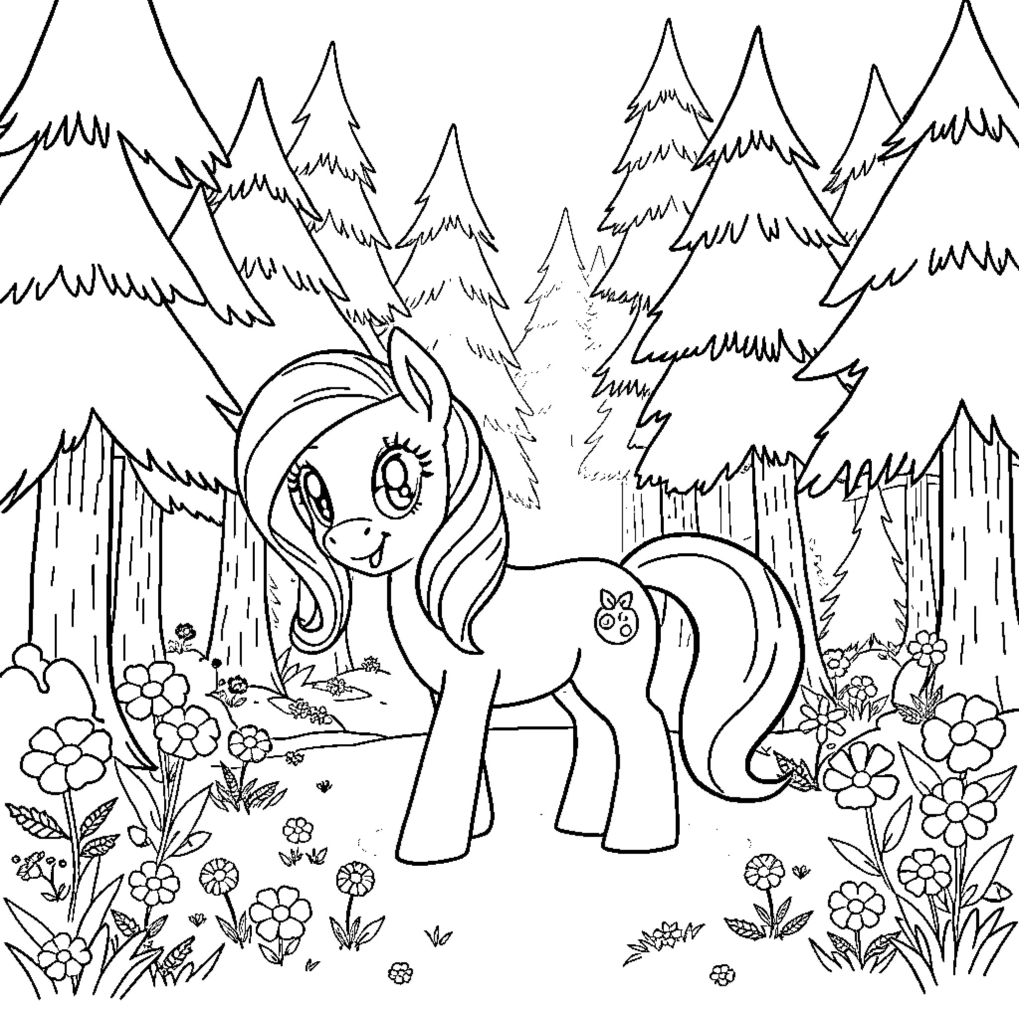 Pony exploring enchanted forest with flowers Coloring Page (free black-and-white line drawing printable PDF for all, from beginners to advanced learners, including children, teens, adults, and seniors)