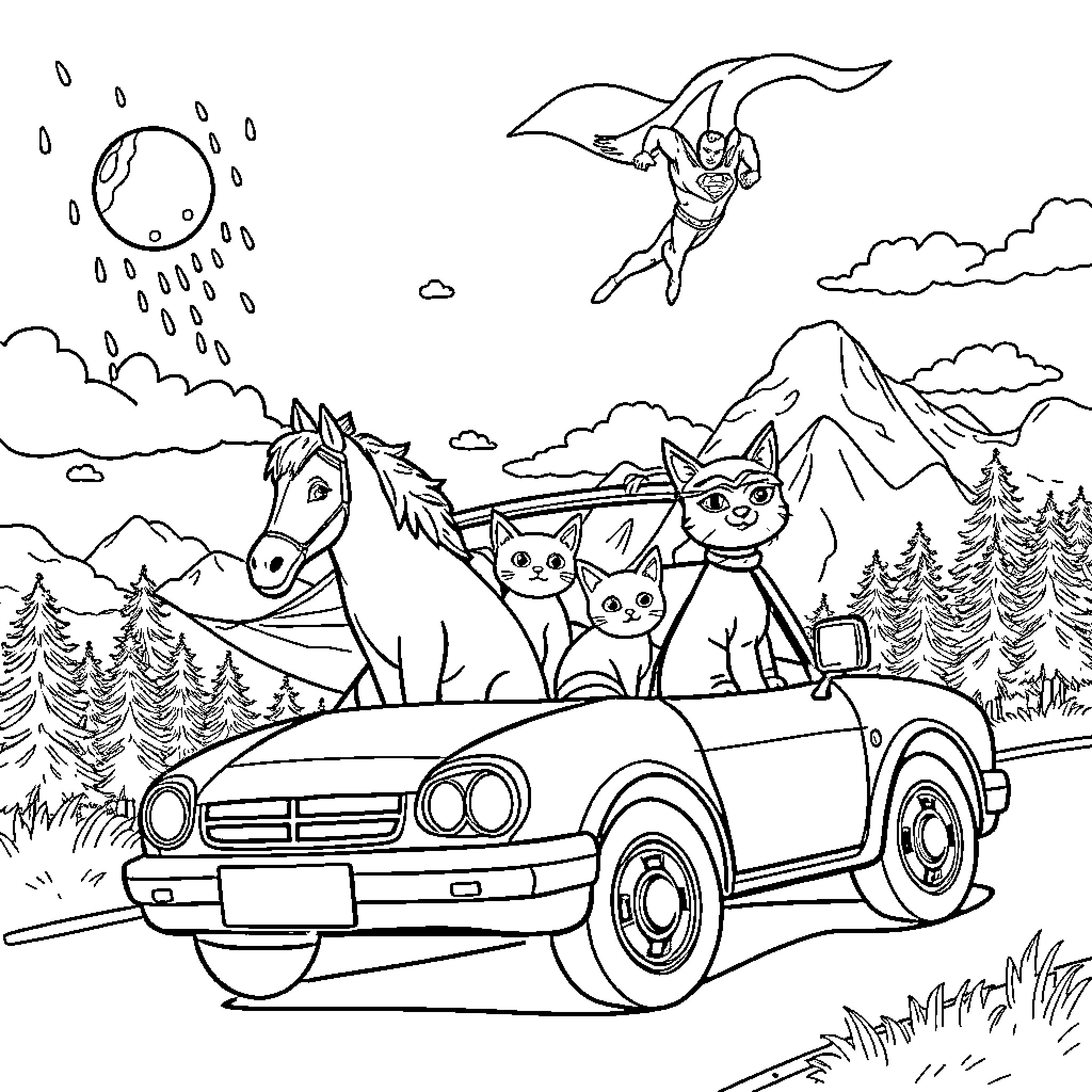 Car transporting animals and superhero through nature Coloring Page (free black-and-white line drawing printable PDF for all, from beginners to advanced learners, including children, teens, adults, and seniors)