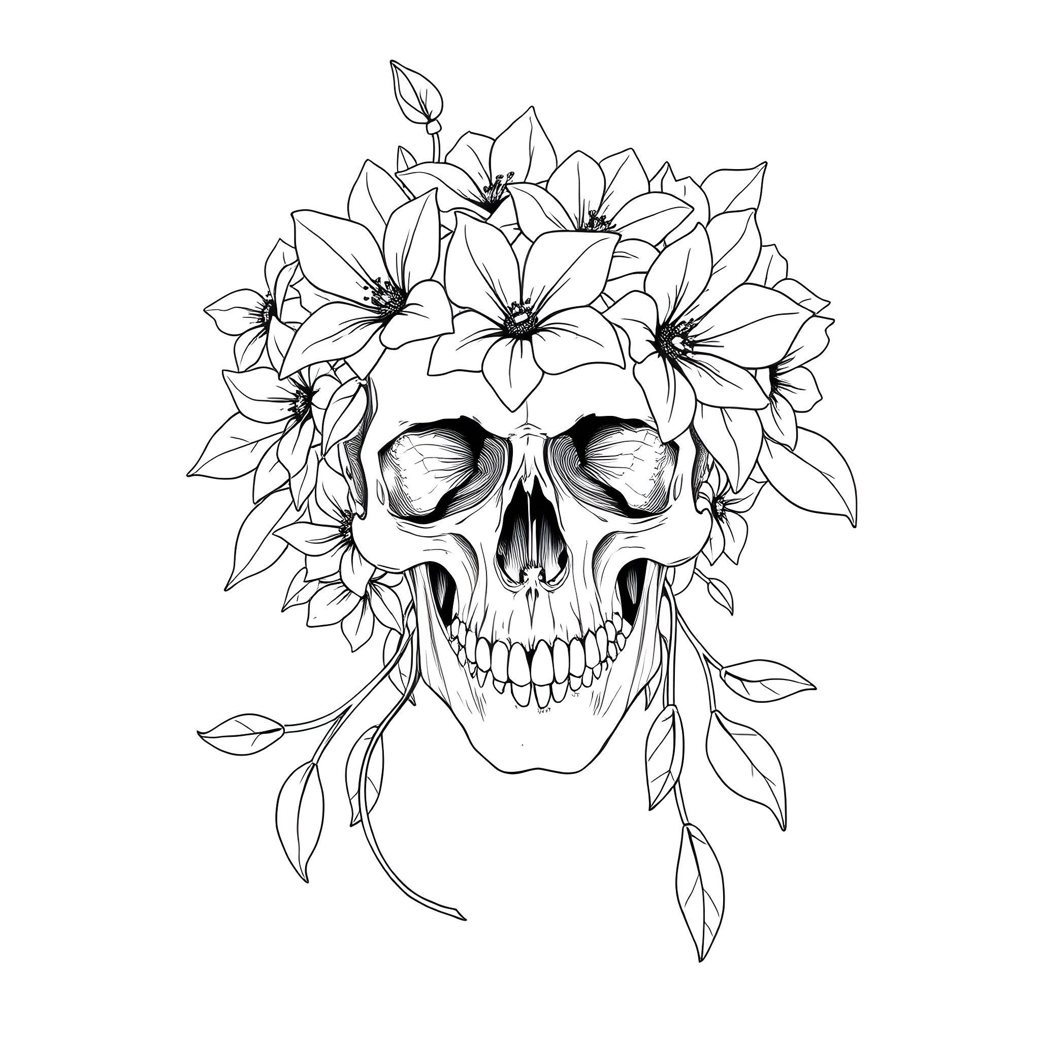 Skull adorned with floral arrangement Coloring Page (free black-and-white line drawing printable PDF for all, from beginners to advanced learners, including children, teens, adults, and seniors)