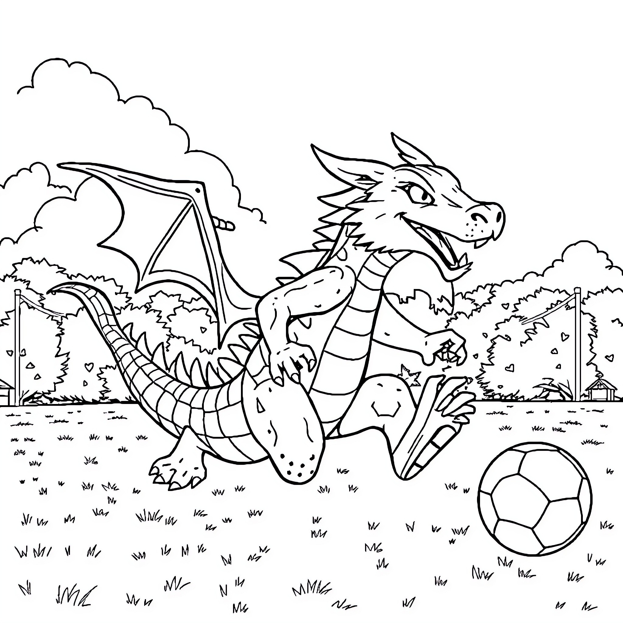Dragon playing with a soccer ball in the forest Coloring Page (free black-and-white line drawing printable PDF for all, from beginners to advanced learners, including children, teens, adults, and seniors)