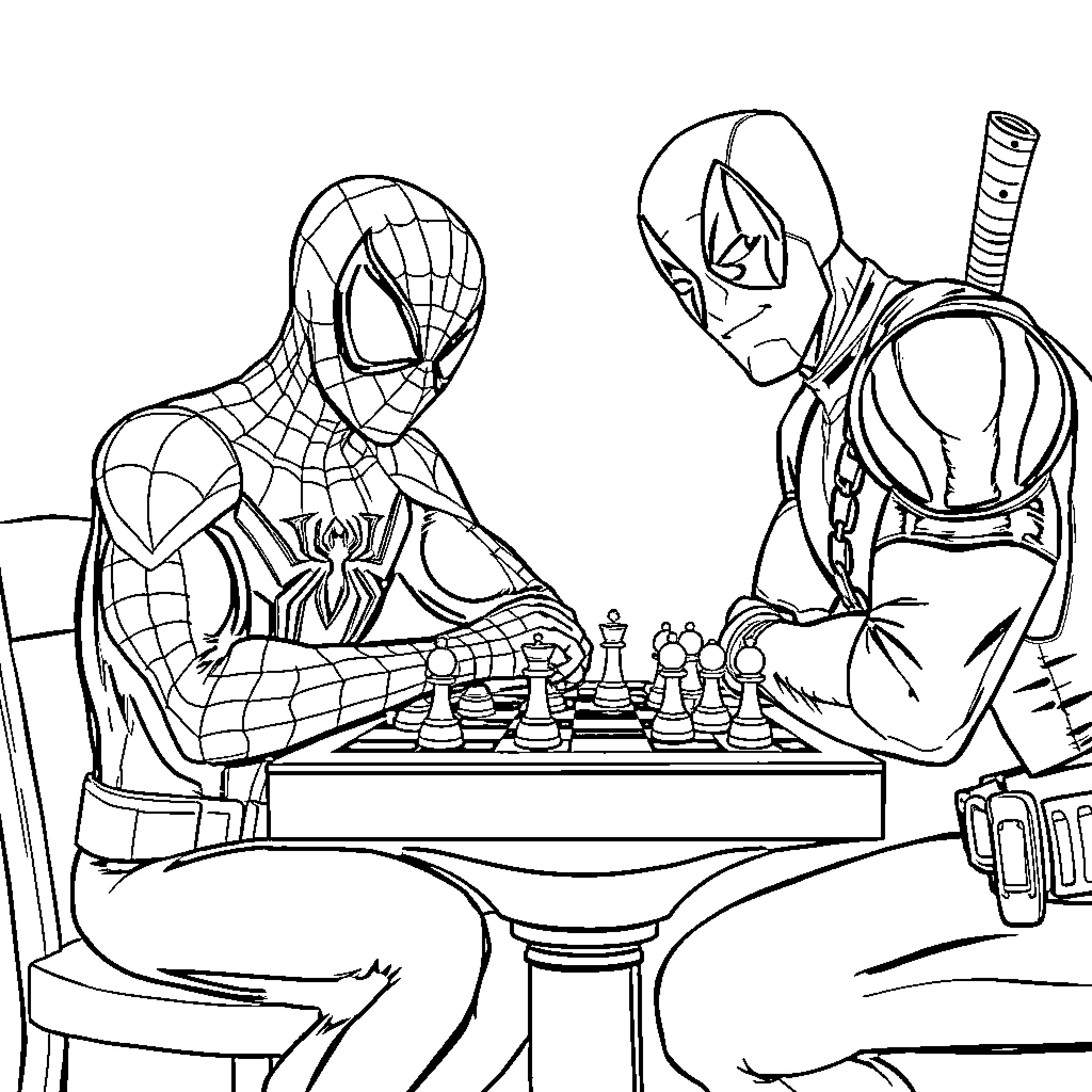 Spider-Man Playing Chess with Deadpool Coloring Page (free black-and-white line drawing printable PDF for all, from beginners to advanced learners, including children, teens, adults, and seniors)