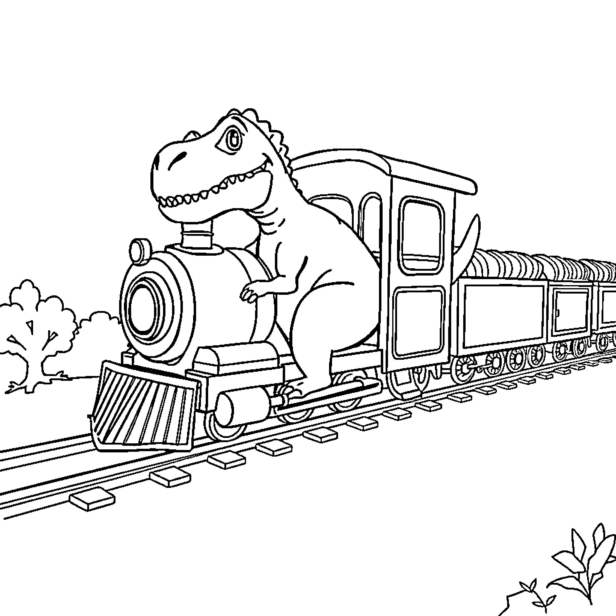 Dinosaur riding a train through the countryside Coloring Page (free black-and-white line drawing printable PDF for all, from beginners to advanced learners, including children, teens, adults, and seniors)