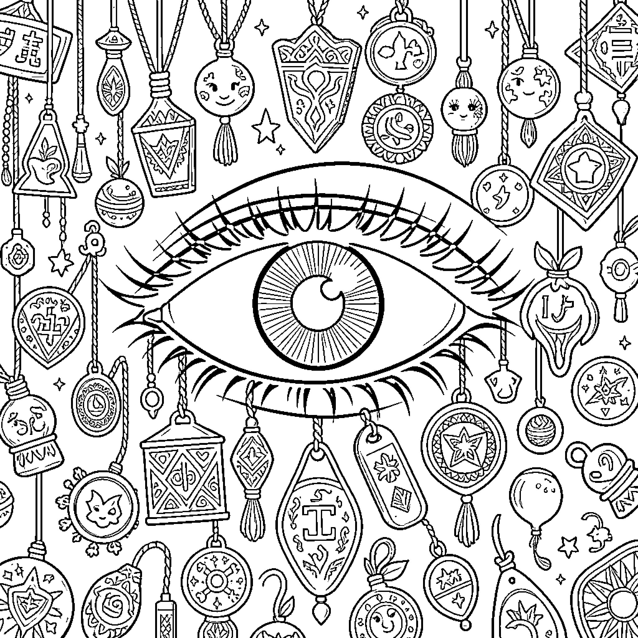 Ojo Turco surrounded by various hanging mystical charms Coloring Page (free black-and-white line drawing printable PDF for all, from beginners to advanced learners, including children, teens, adults, and seniors)
