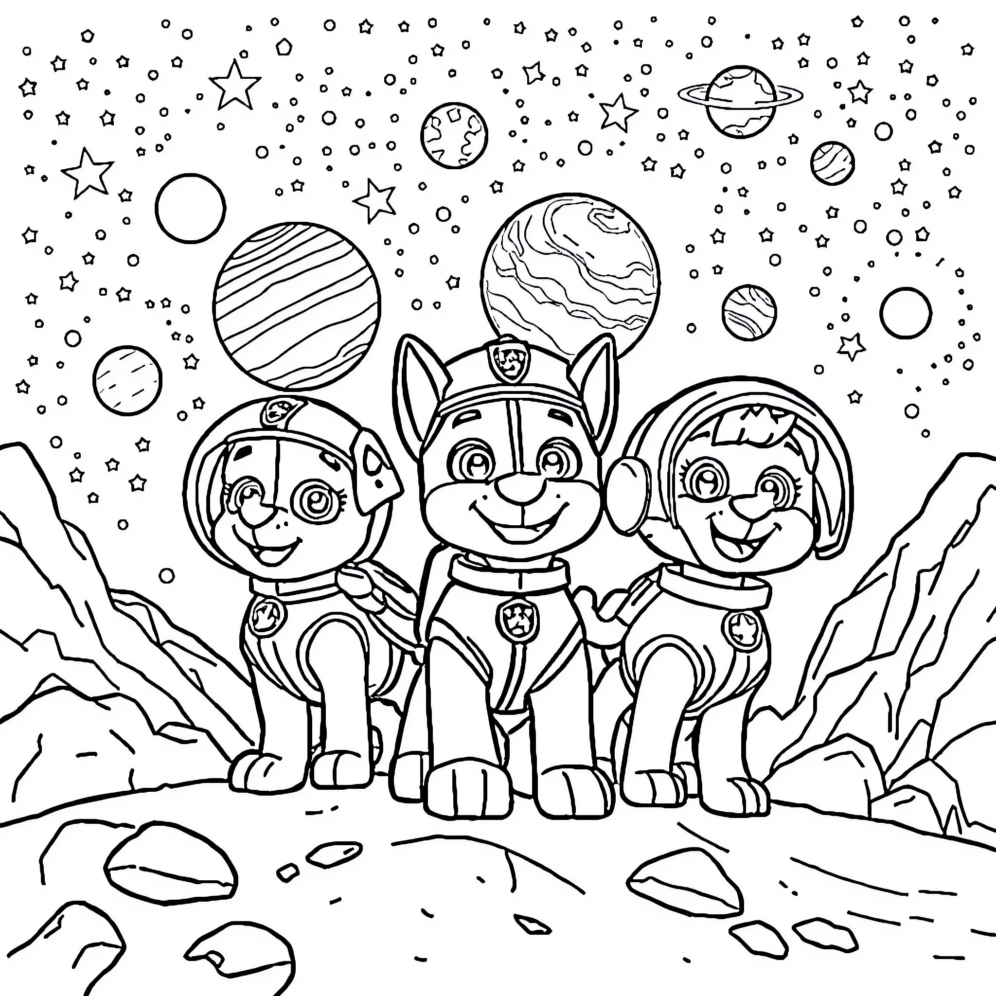 Paw Patrol Space Adventure Coloring Page (free black-and-white line drawing printable PDF for all, from beginners to advanced learners, including children, teens, adults, and seniors)