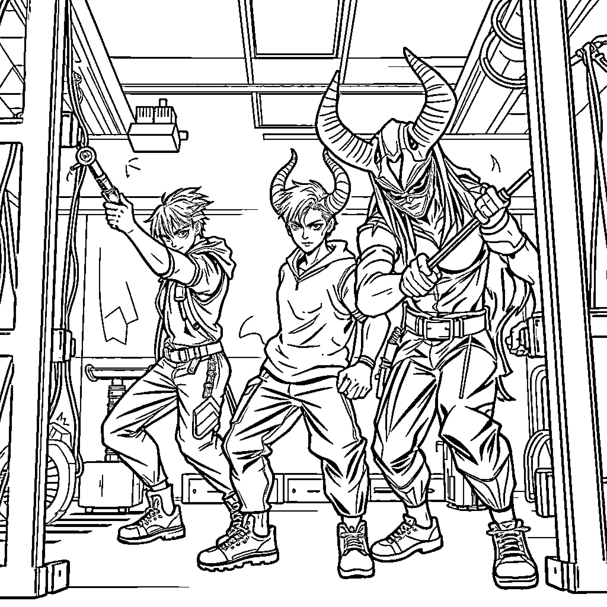 Demon Hunter Trio Battles with Fierce Determination Coloring Page (free black-and-white line drawing printable PDF for all, from beginners to advanced learners, including children, teens, adults, and seniors)