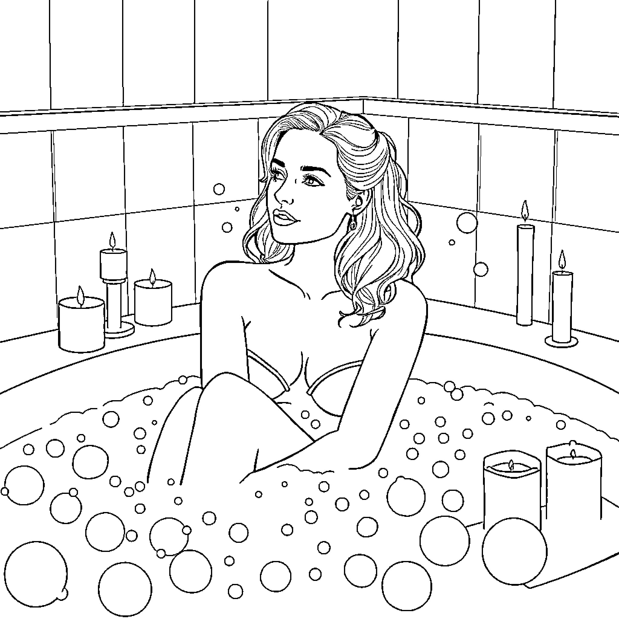 Natalie Portman enjoying a relaxing bubble bath Coloring Page (free black-and-white line drawing printable PDF for all, from beginners to advanced learners, including children, teens, adults, and seniors)
