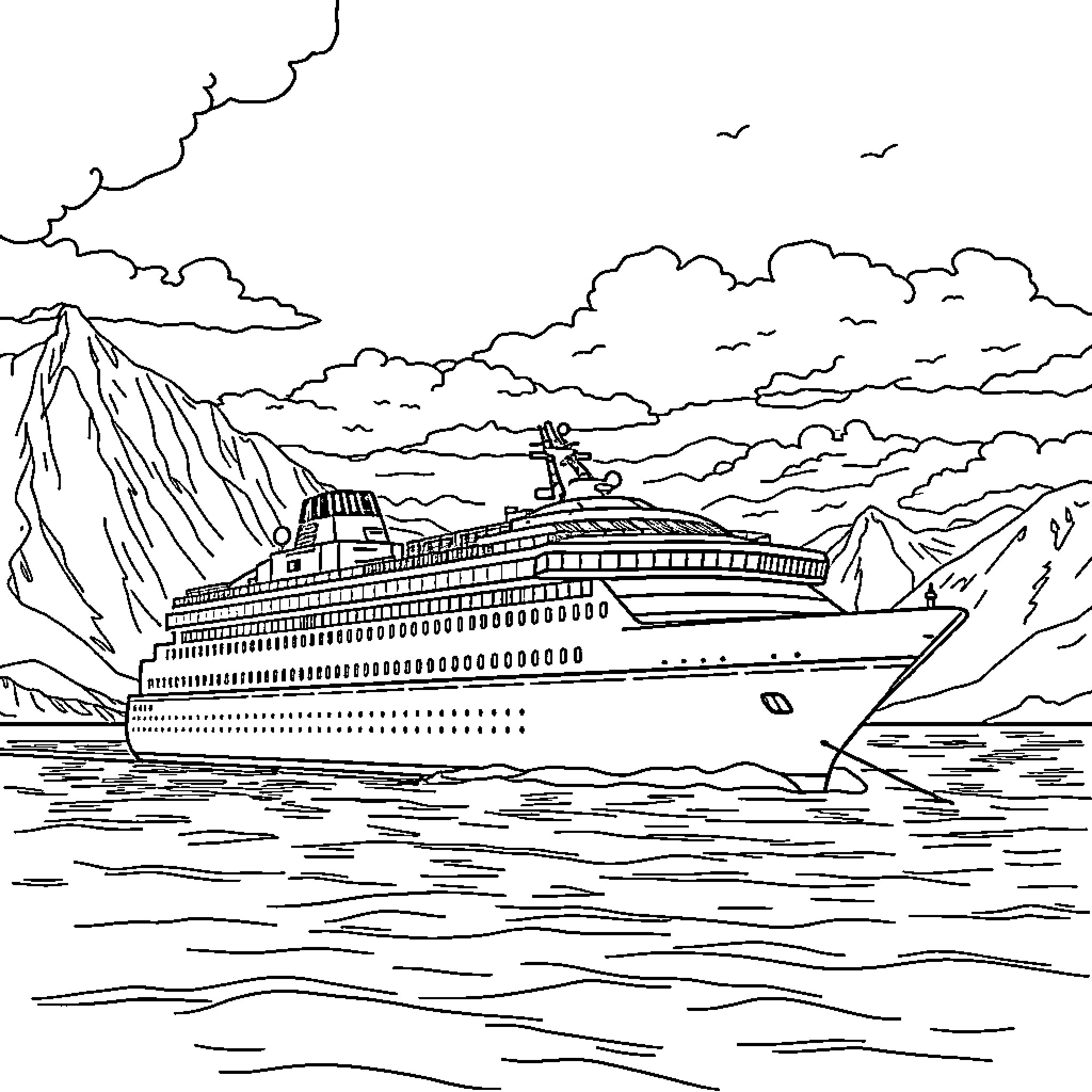 Cruise ship sailing through scenic waterway Coloring Page (free black-and-white line drawing printable PDF for all, from beginners to advanced learners, including children, teens, adults, and seniors)