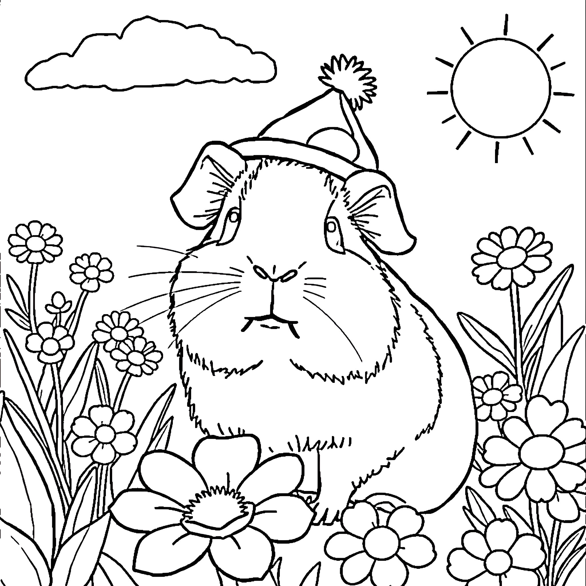 Guinea Pig enjoying a sunny day in the garden Coloring Page (free black-and-white line drawing printable PDF for all, from beginners to advanced learners, including children, teens, adults, and seniors)
