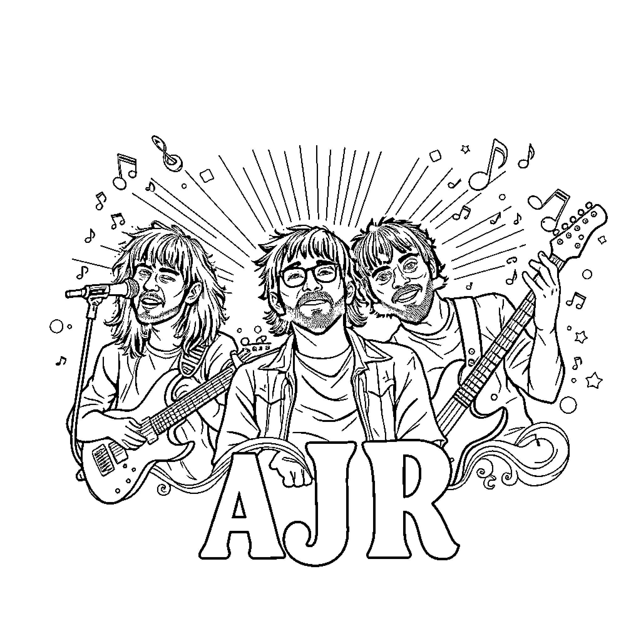 AJR performing enthusiastically on stage Coloring Page (free black-and-white line drawing printable PDF for all, from beginners to advanced learners, including children, teens, adults, and seniors)