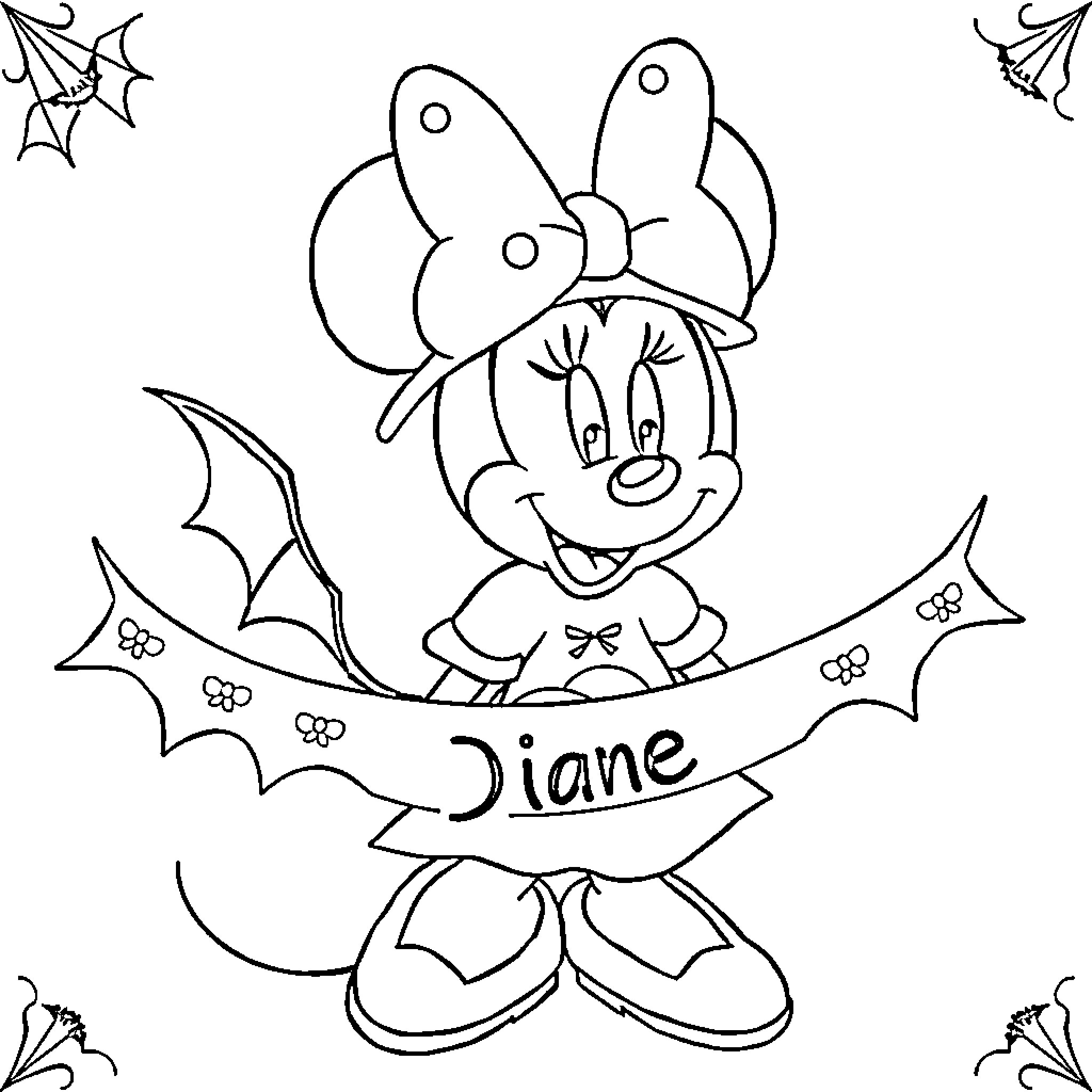 Minnie enjoying butterfly-themed day Coloring Page (free black-and-white line drawing printable PDF for all, from beginners to advanced learners, including children, teens, adults, and seniors)