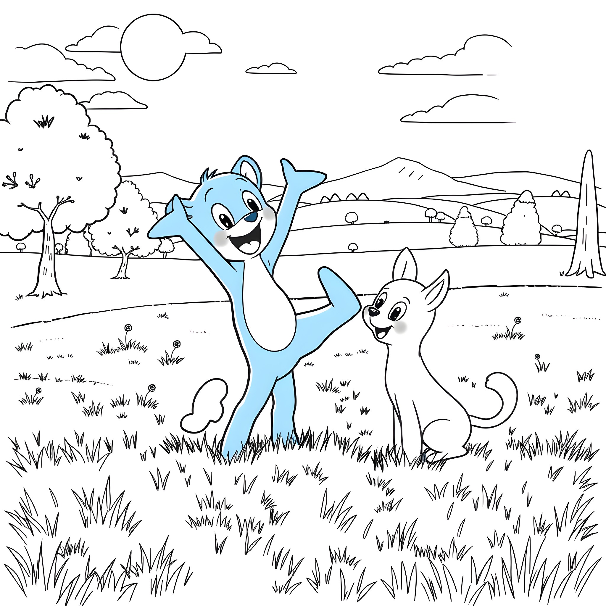 Bluey and friends explore the outdoors happily Coloring Page (free black-and-white line drawing printable PDF for all, from beginners to advanced learners, including children, teens, adults, and seniors)