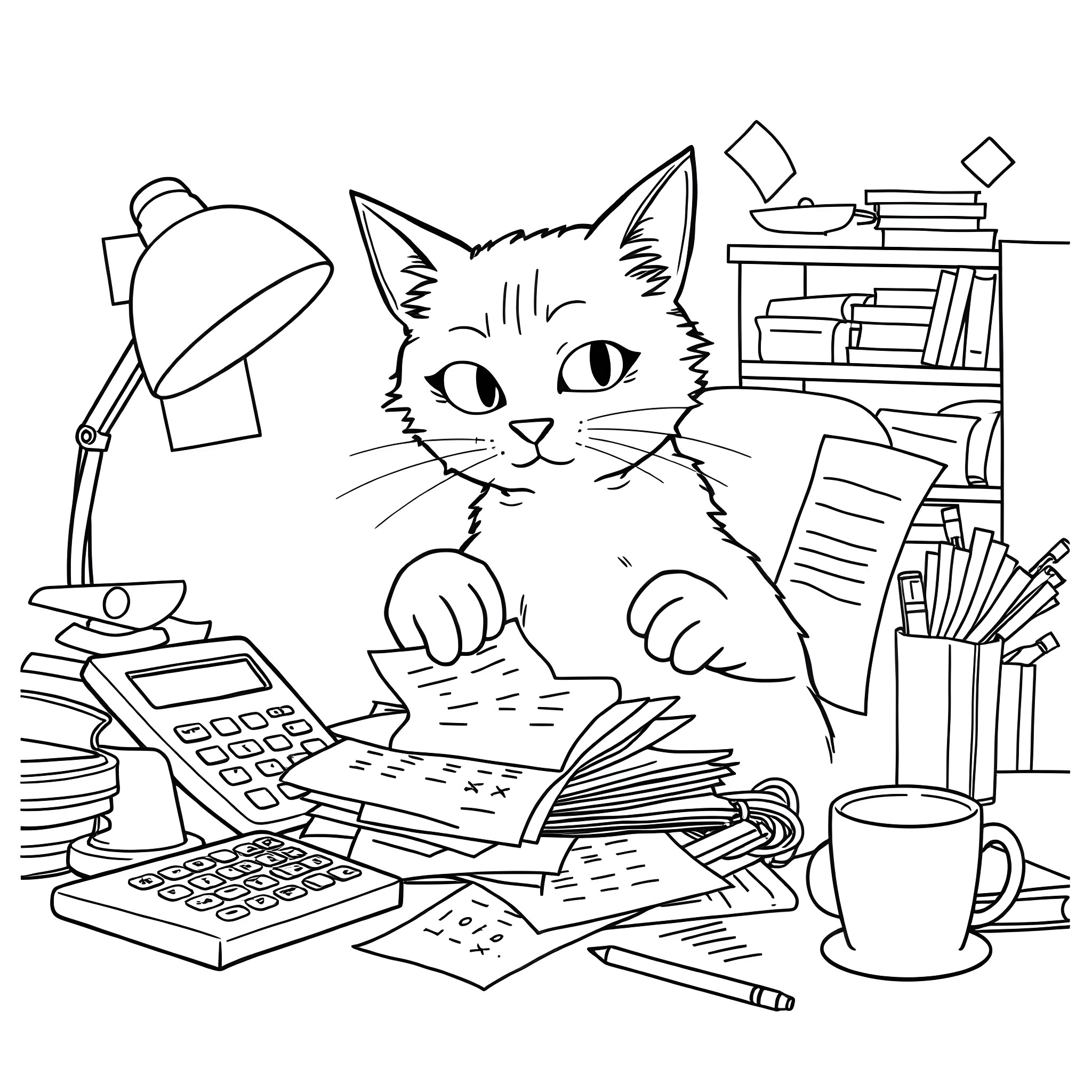 Cat working diligently at a cluttered desk Coloring Page (free black-and-white line drawing printable PDF for all, from beginners to advanced learners, including children, teens, adults, and seniors)