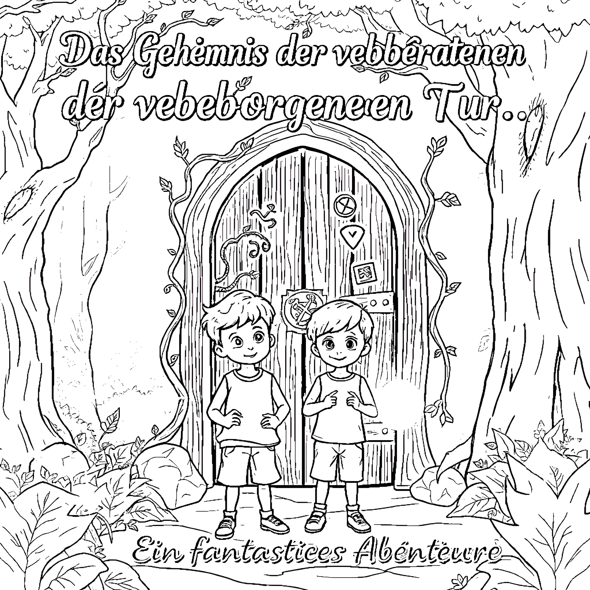 Boy explores the secrets of the enchanted door Coloring Page (free black-and-white line drawing printable PDF for all, from beginners to advanced learners, including children, teens, adults, and seniors)